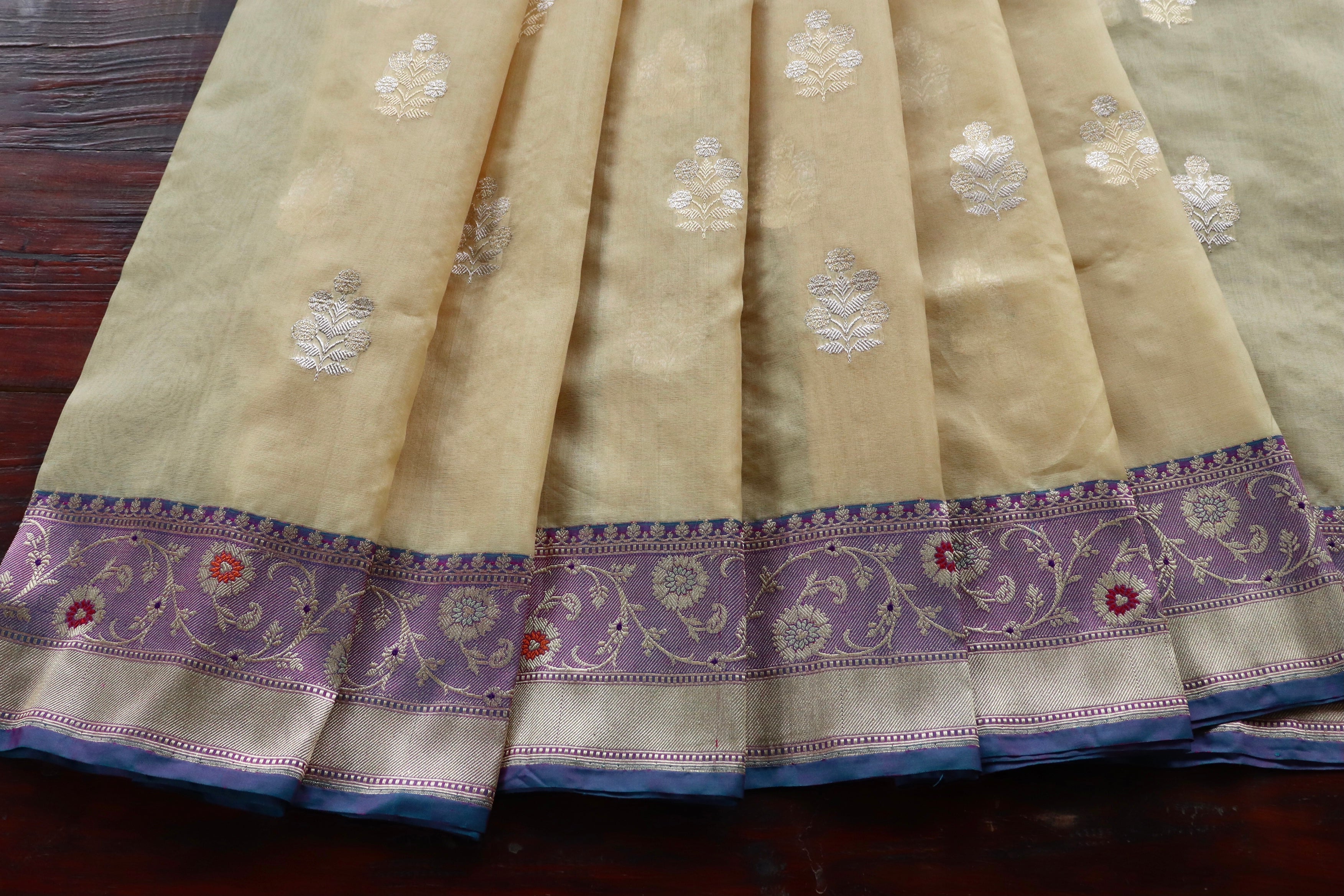 Beige & Purple Sona Rupa Motif Pure Silk Handloom Banarasi Saree