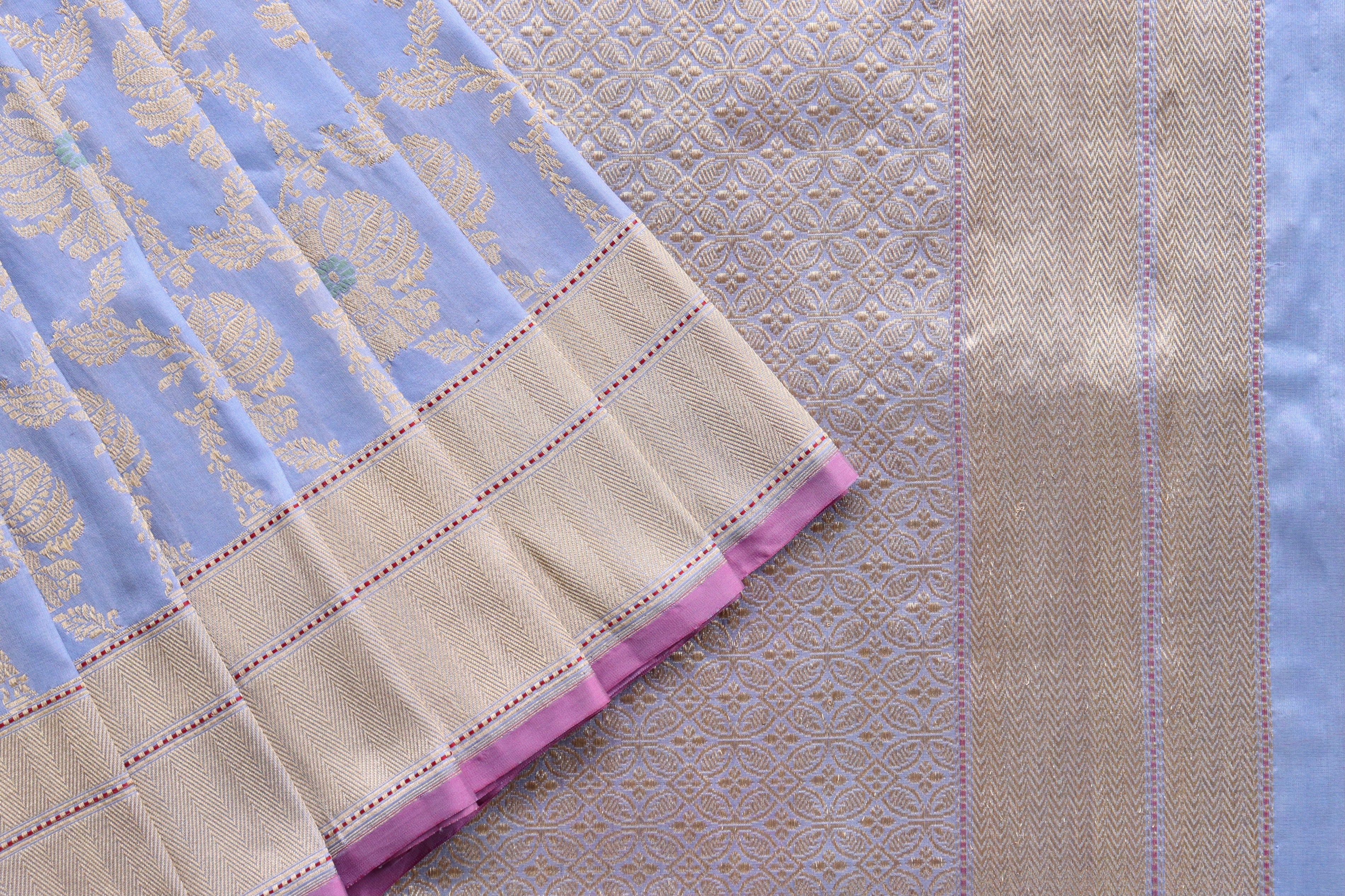 Powder Blue Chinar Jangla Pure Silk Handloom Banarasi Saree