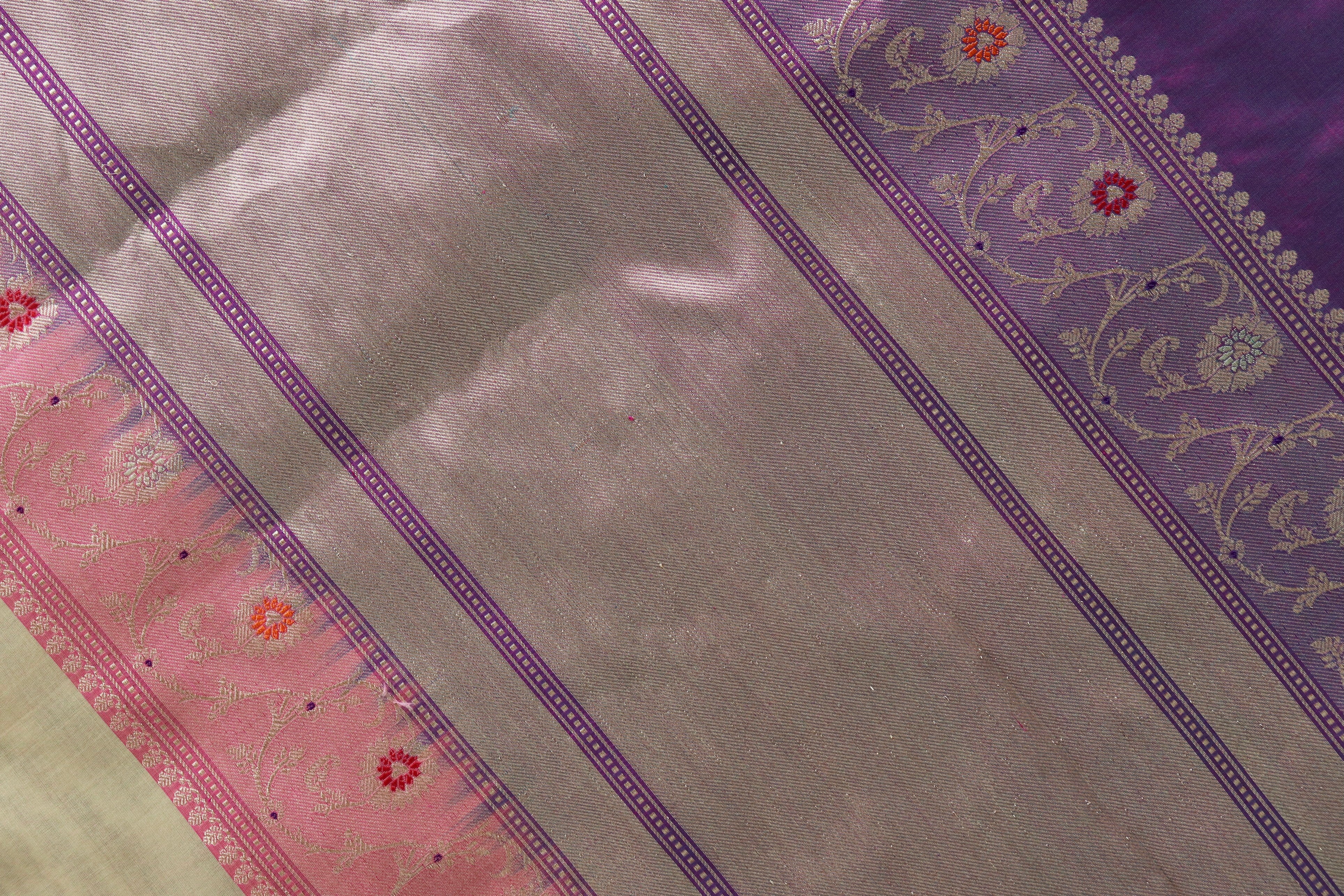 Beige & Purple Sona Rupa Motif Pure Silk Handloom Banarasi Saree