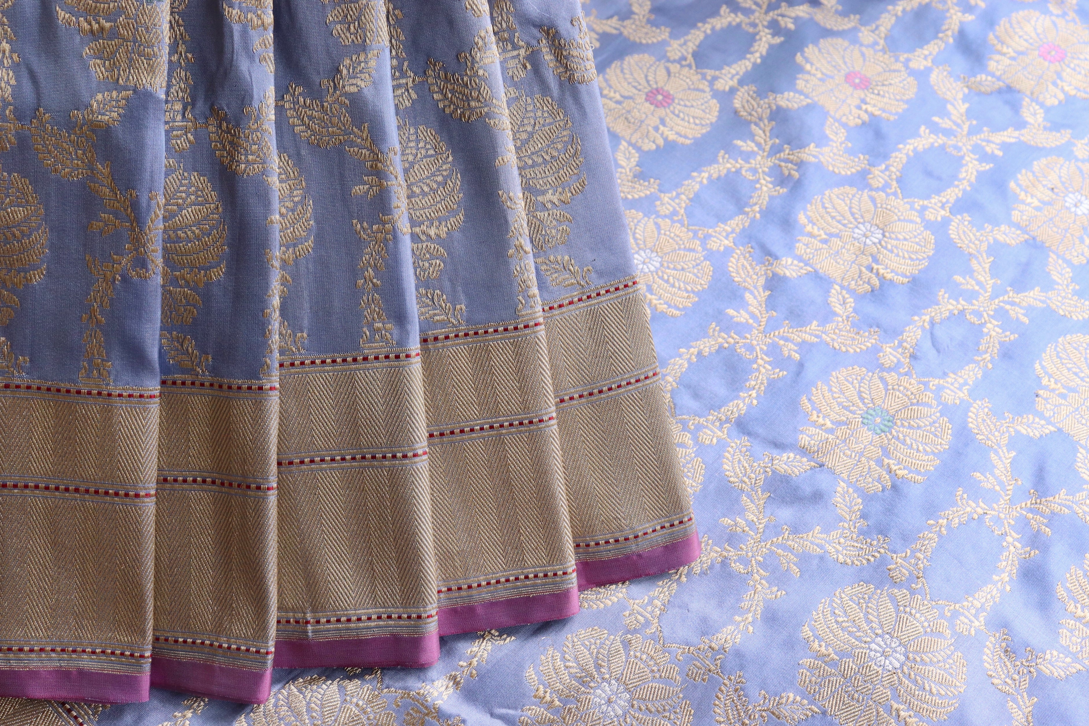 Powder Blue Chinar Jangla Pure Silk Handloom Banarasi Saree