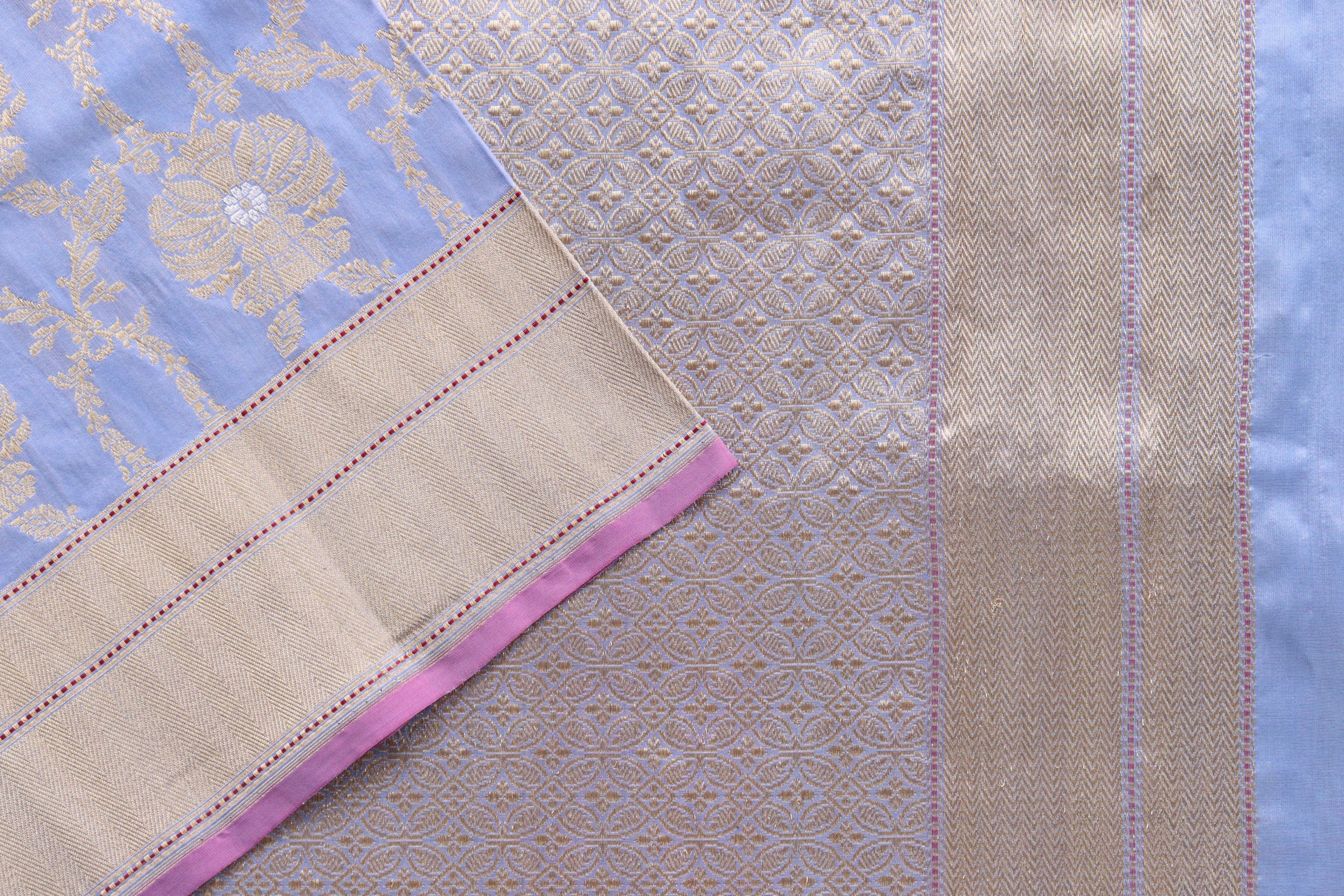 Powder Blue Chinar Jangla Pure Silk Handloom Banarasi Saree