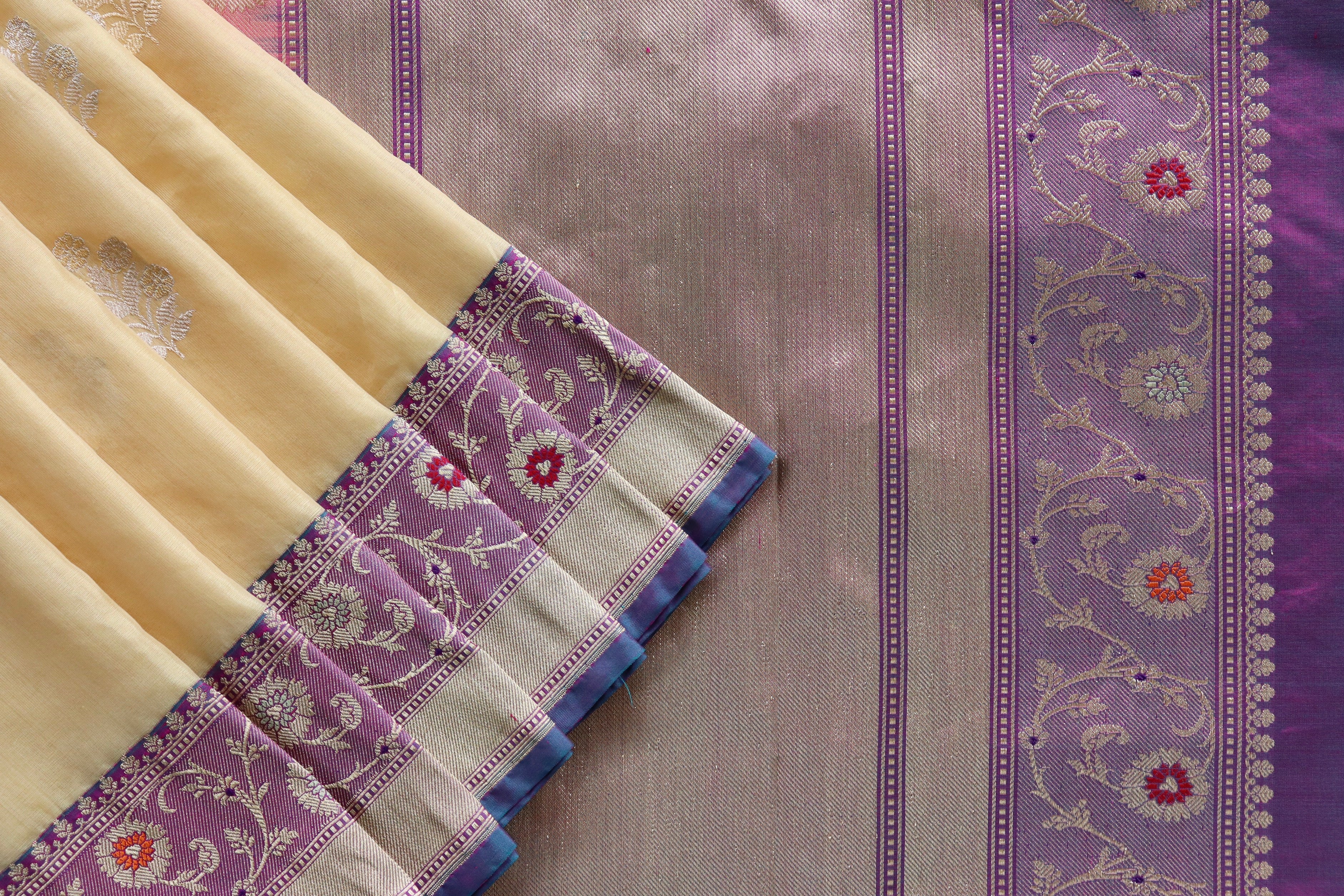 Beige & Purple Sona Rupa Motif Pure Silk Handloom Banarasi Saree