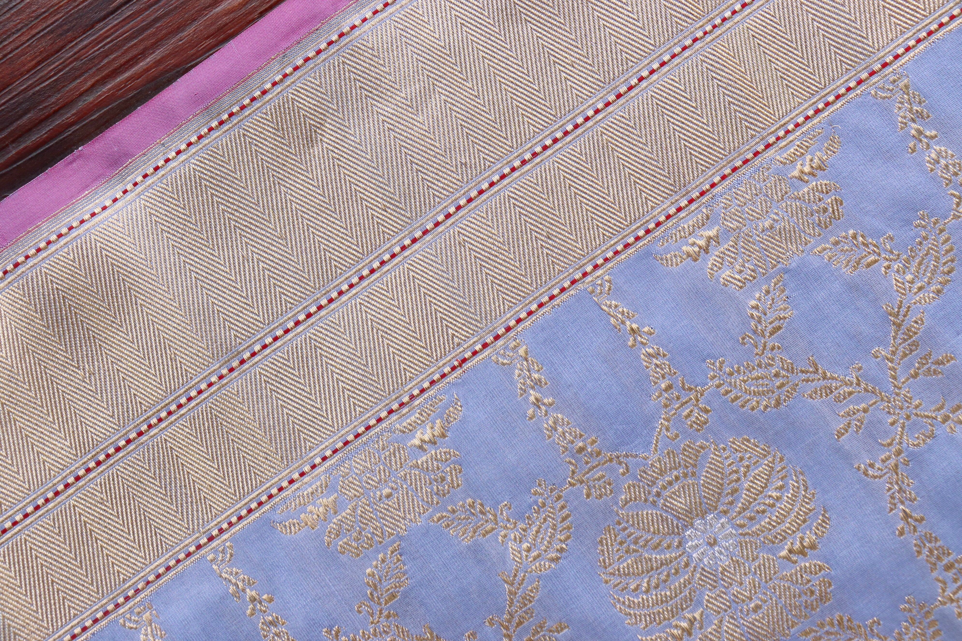 Powder Blue Chinar Jangla Pure Silk Handloom Banarasi Saree