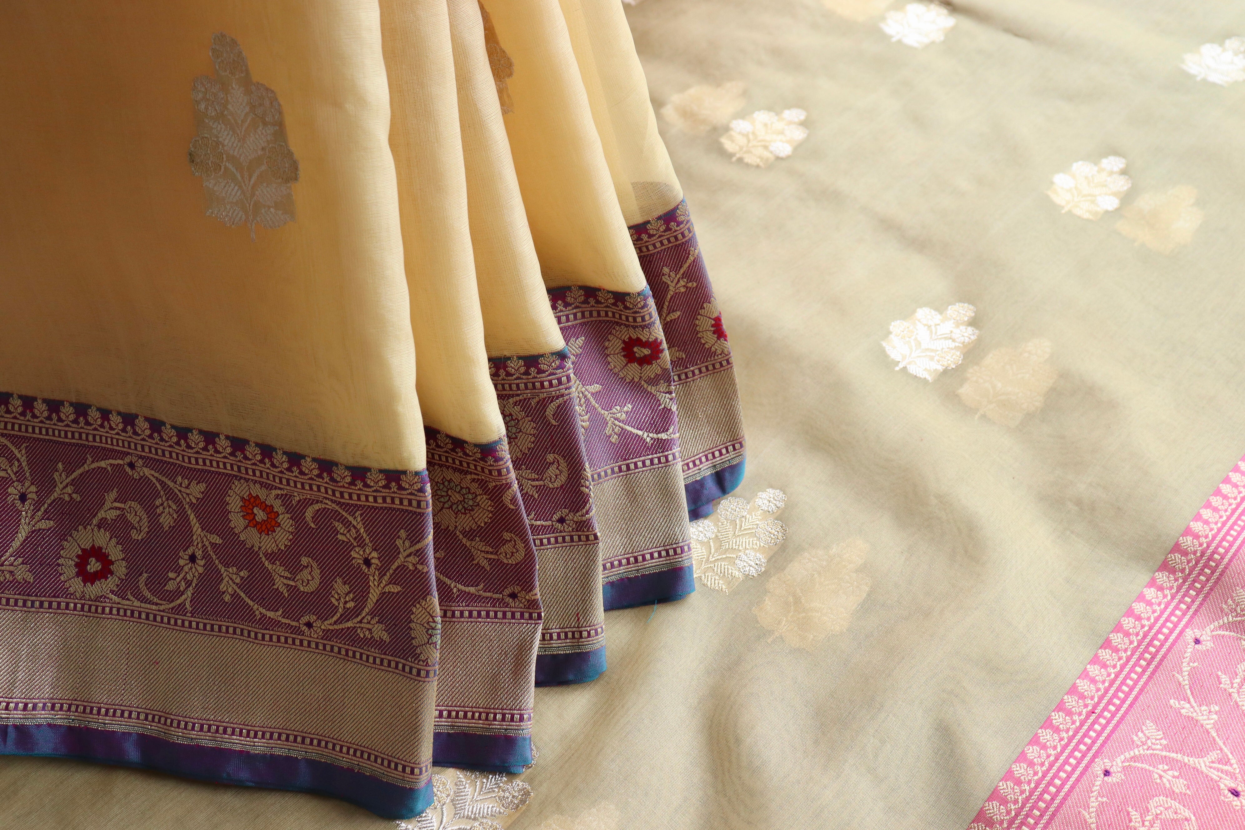 Beige & Purple Sona Rupa Motif Pure Silk Handloom Banarasi Saree