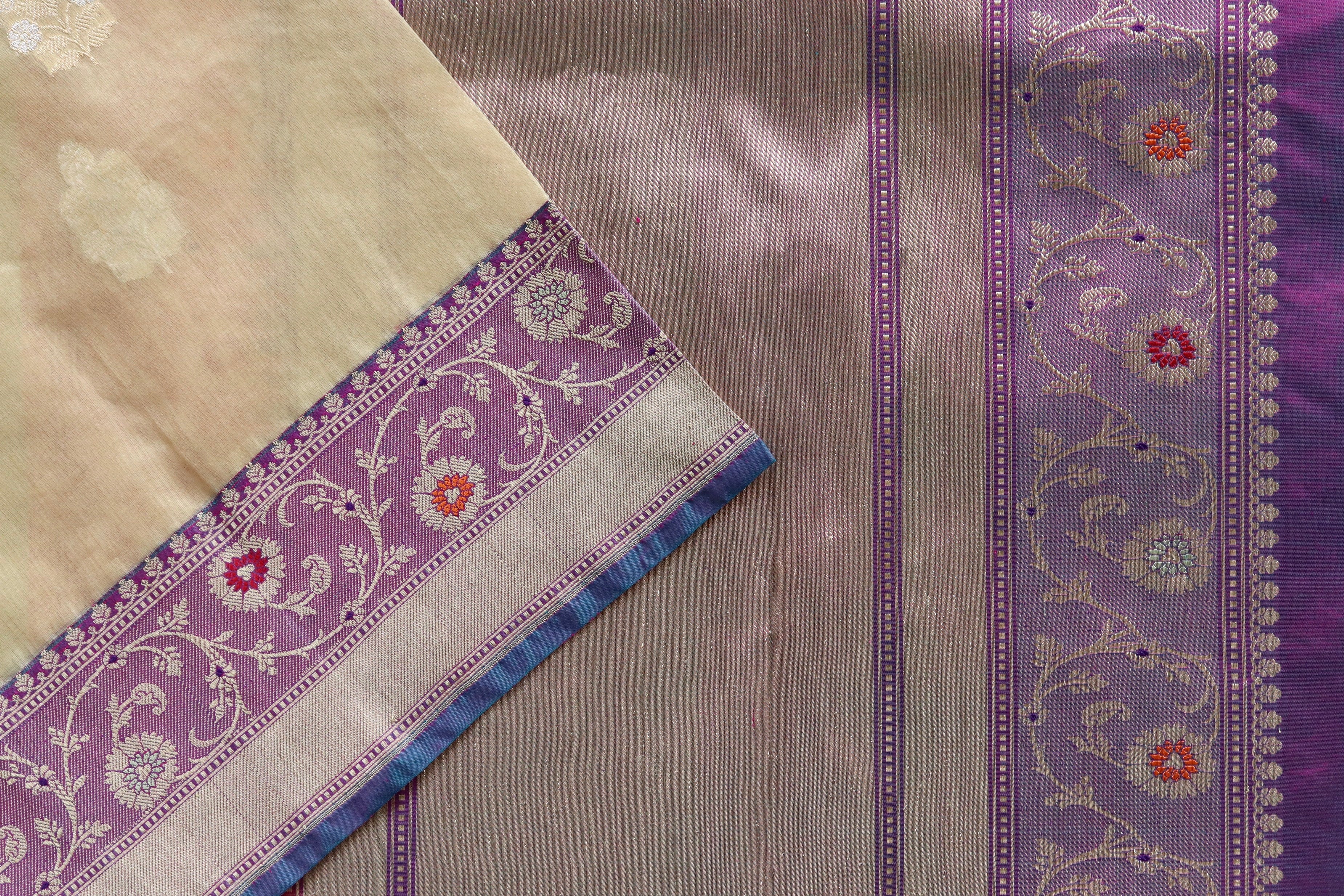 Beige & Purple Sona Rupa Motif Pure Silk Handloom Banarasi Saree