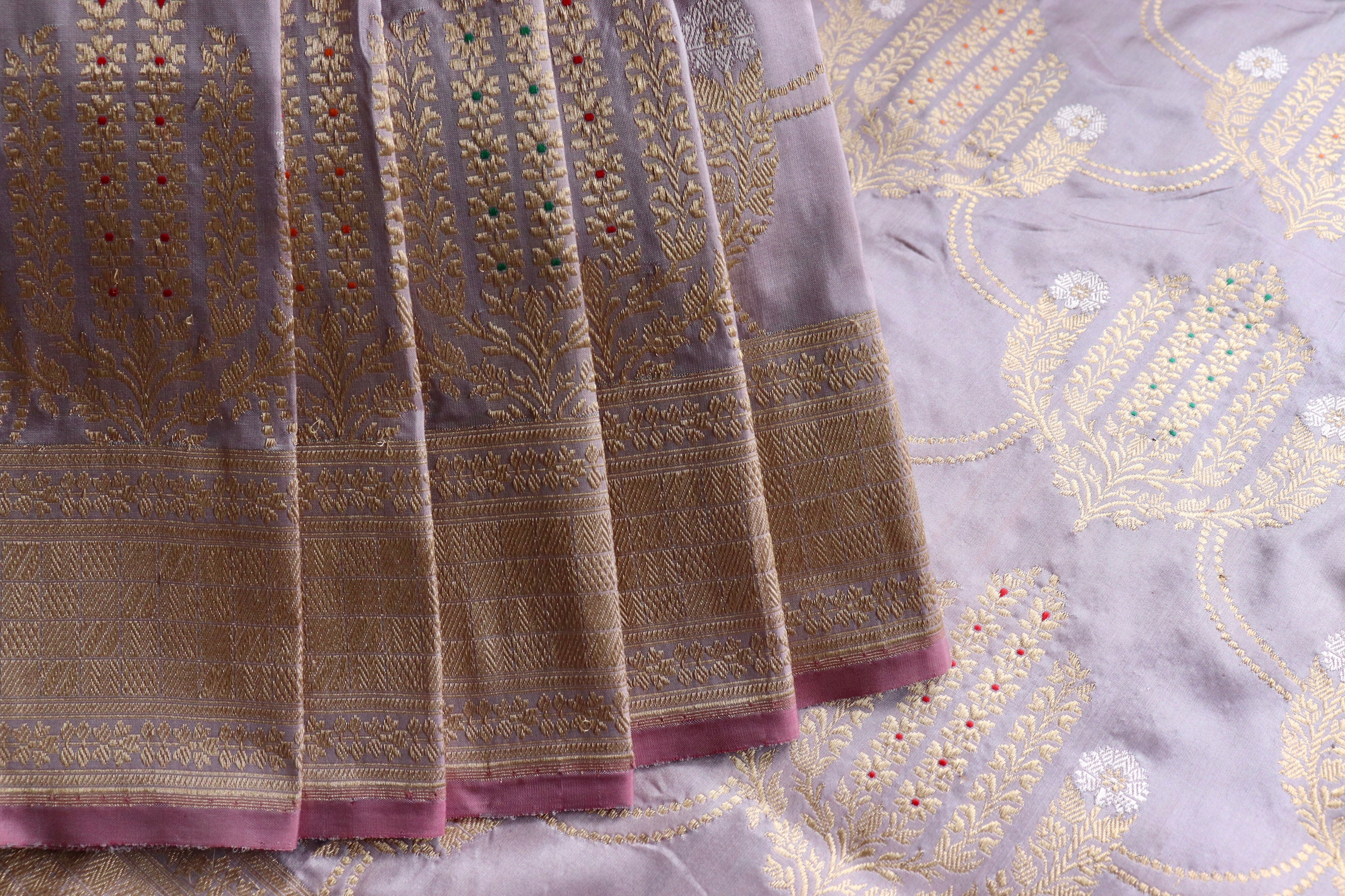 Lilac Meenadar Pure Silk Handloom Banarasi Jangla Saree