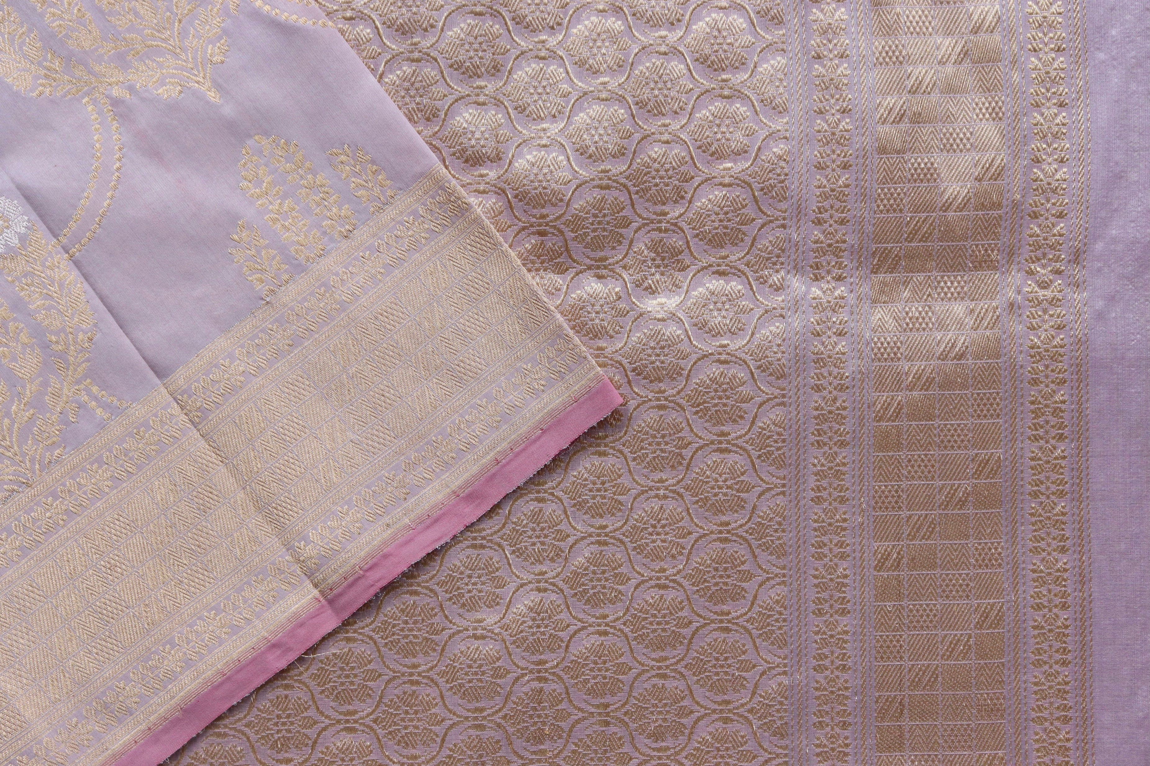 Lilac Meenadar Pure Silk Handloom Banarasi Jangla Saree