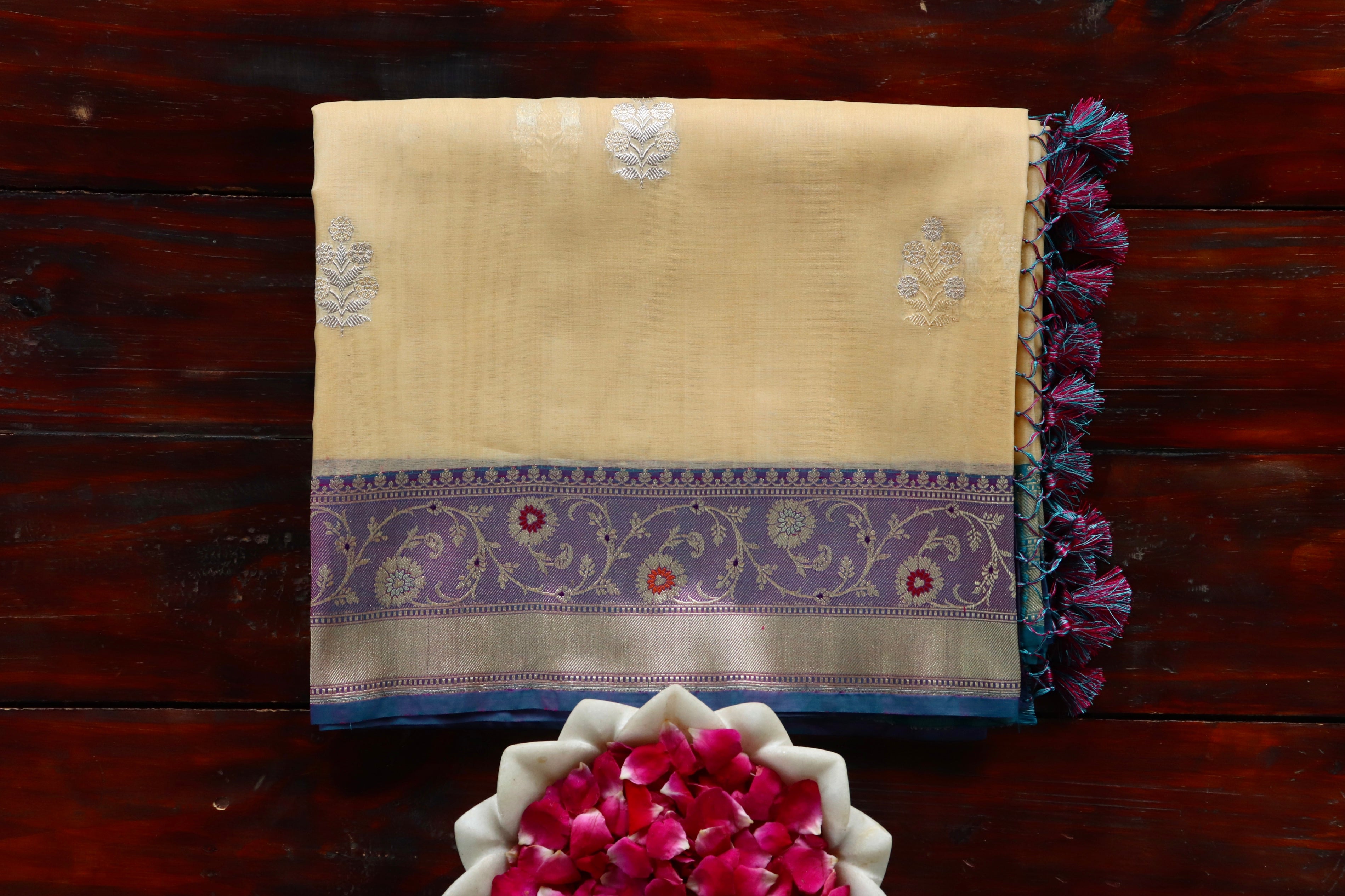 Beige & Purple Sona Rupa Motif Pure Silk Handloom Banarasi Saree