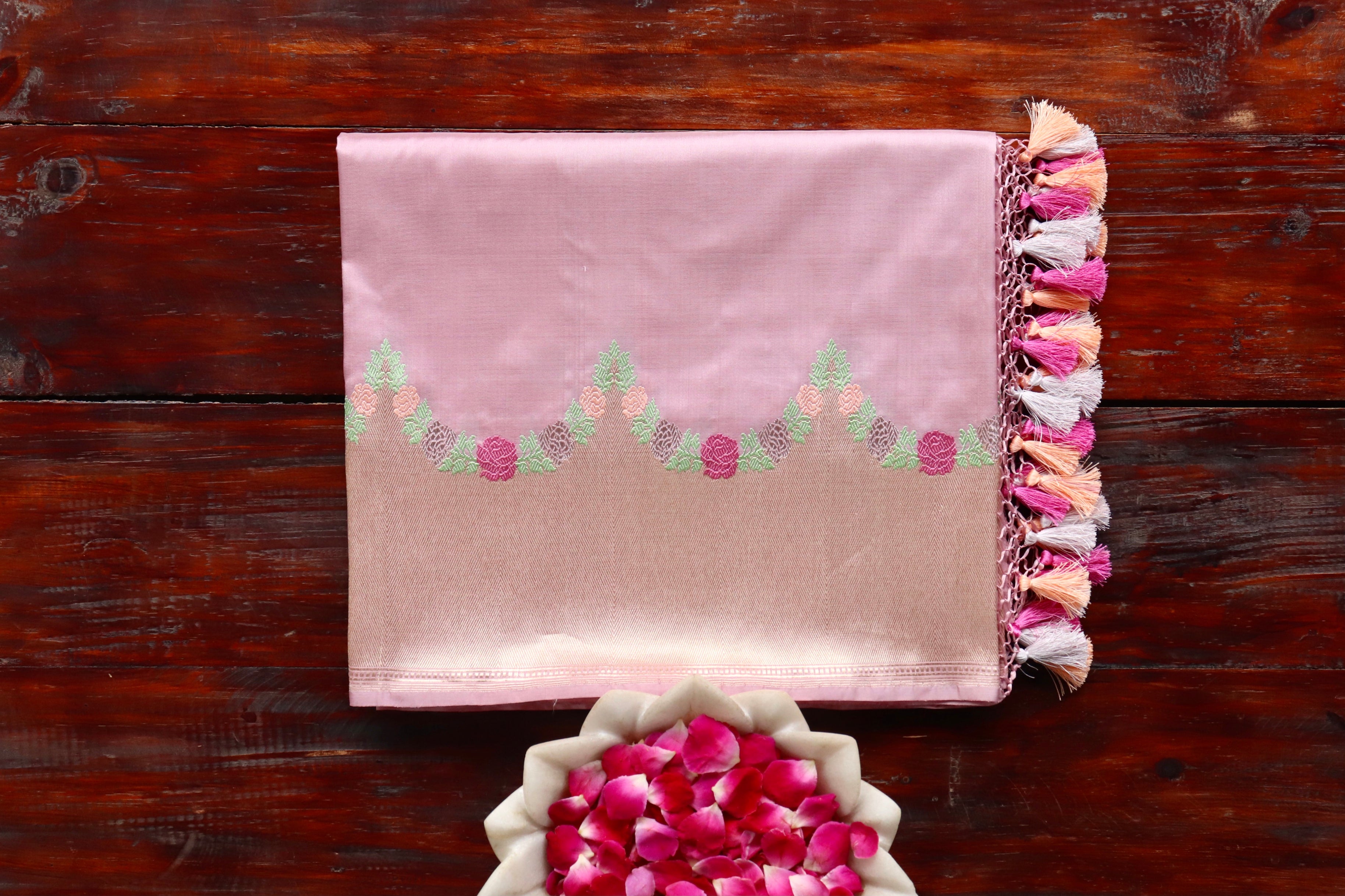Pink Floral Border Pure Silk Handloom Banarasi Saree
