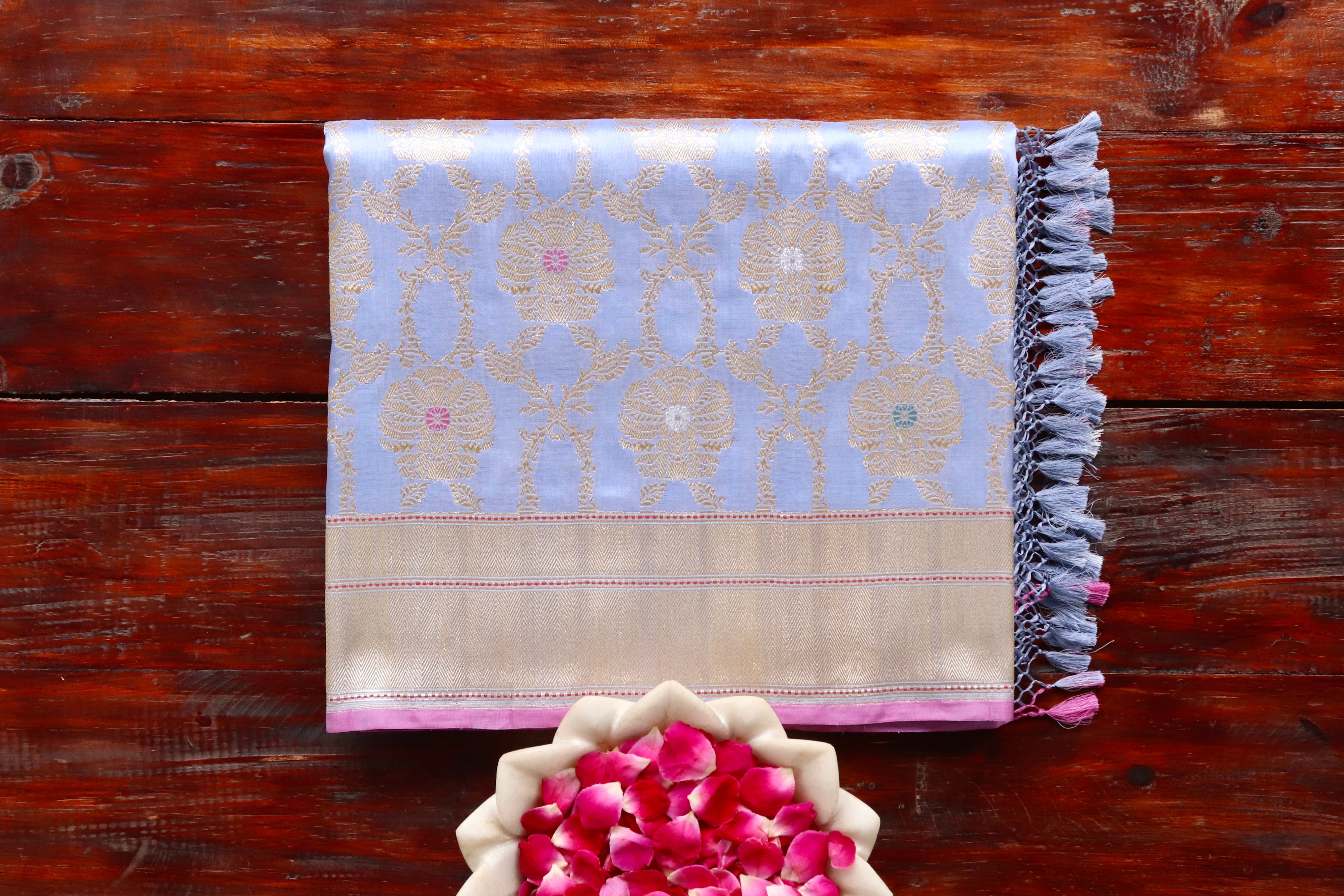 Powder Blue Chinar Jangla Pure Silk Handloom Banarasi Saree