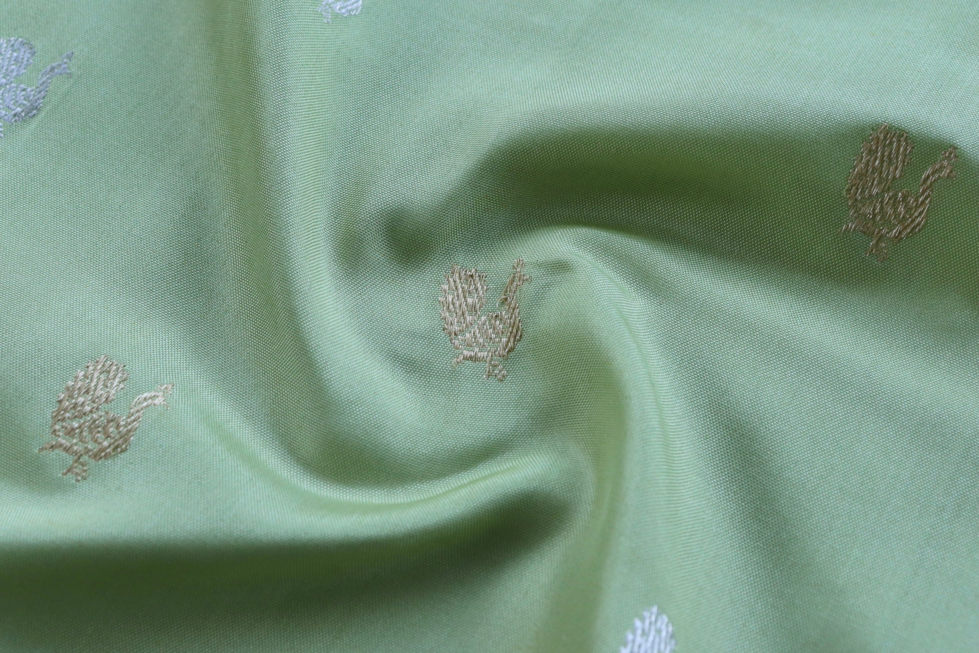 Mint Green Peacock Motif Pure Silk Handloom Banarasi Saree