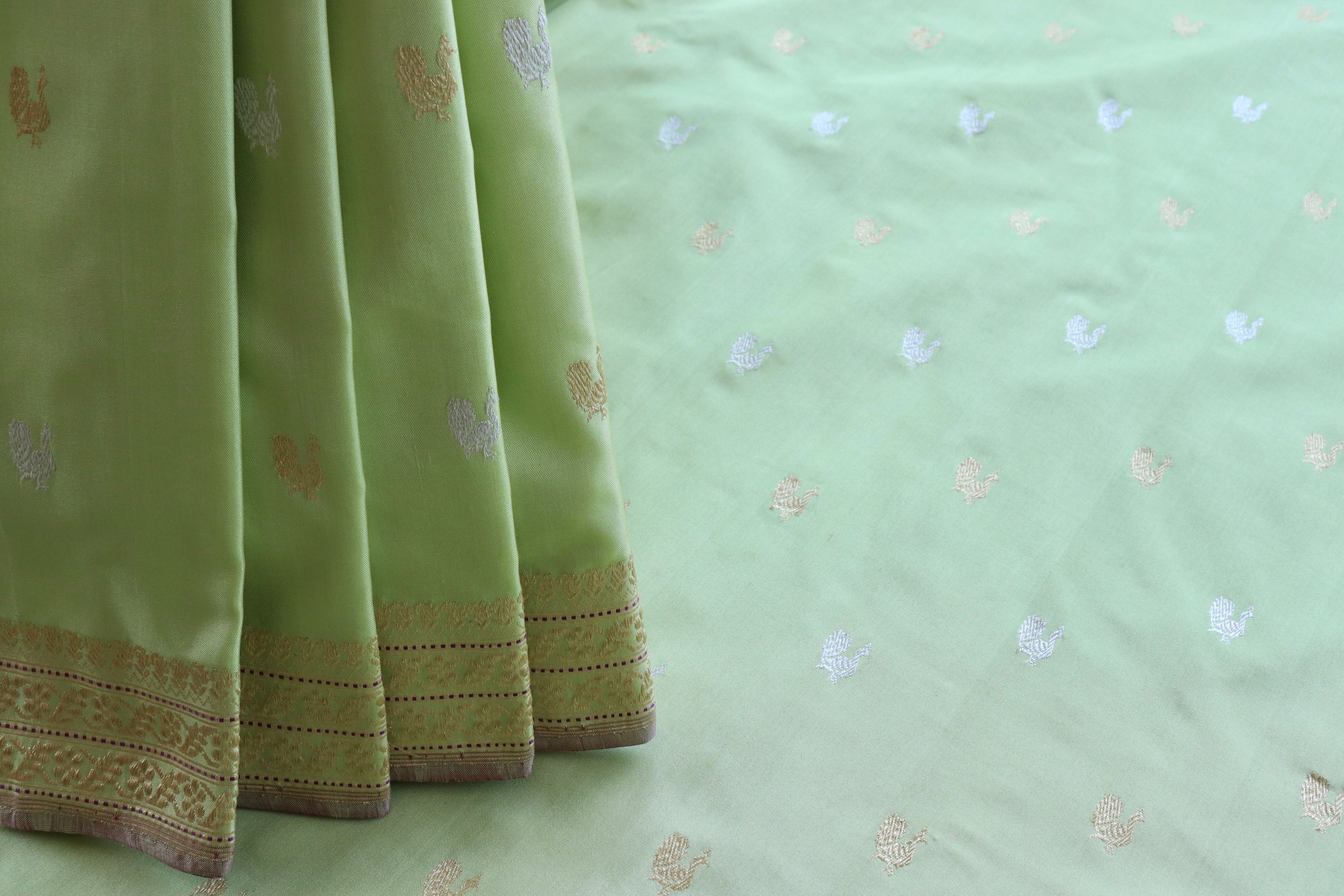 Mint Green Peacock Motif Pure Silk Handloom Banarasi Saree