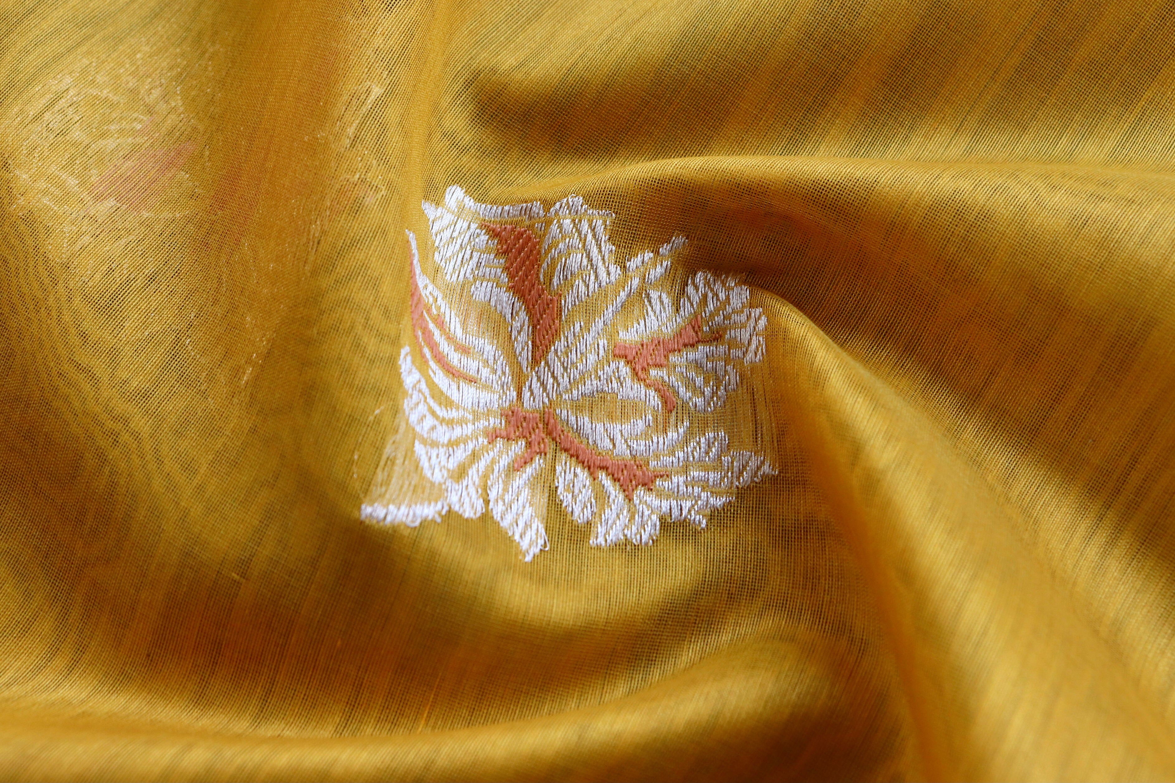 Yellow Kadhua Organza By Cotton Handloom Banarasi Saree