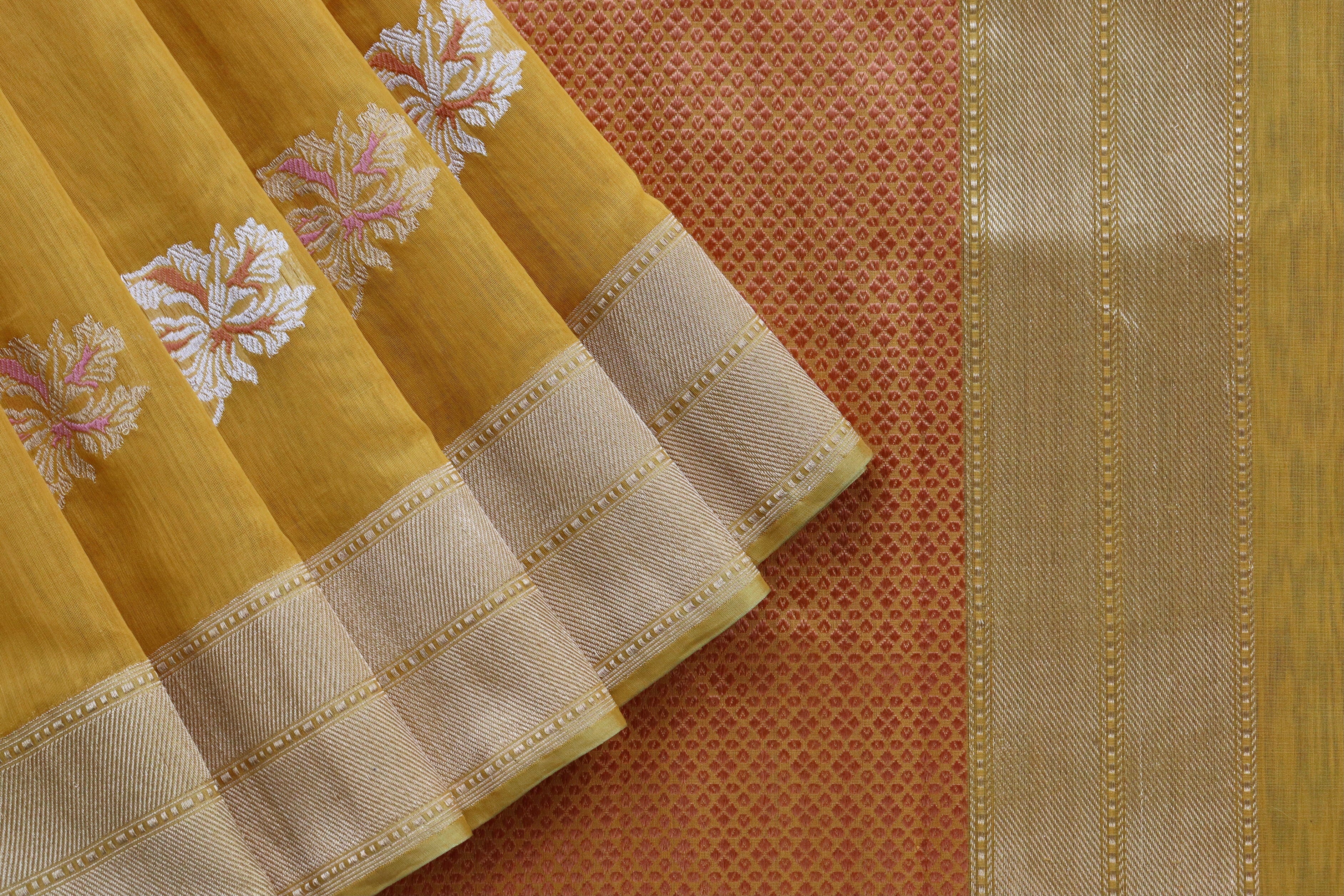 Yellow Kadhua Organza By Cotton Handloom Banarasi Saree