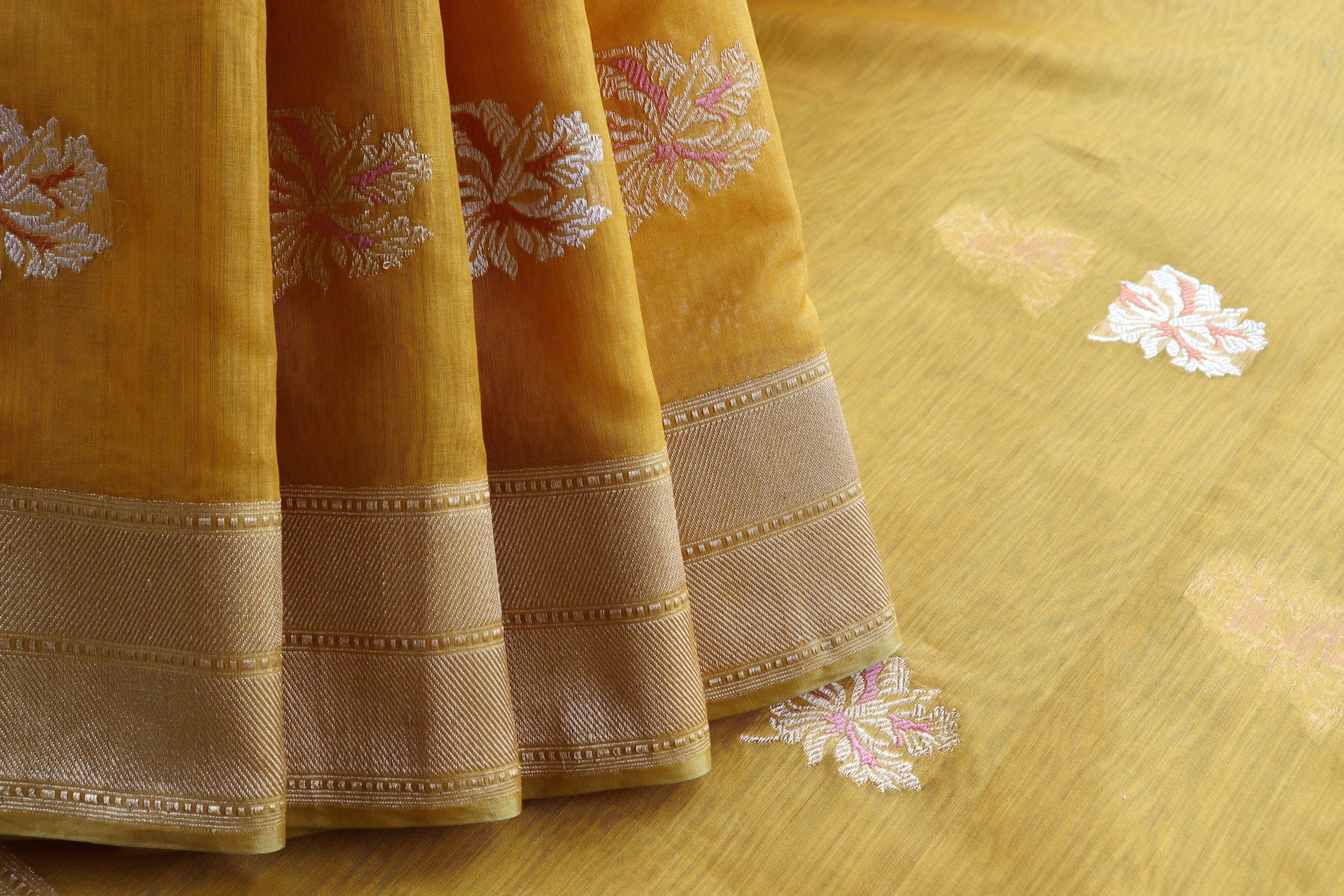 Yellow Kadhua Organza By Cotton Handloom Banarasi Saree
