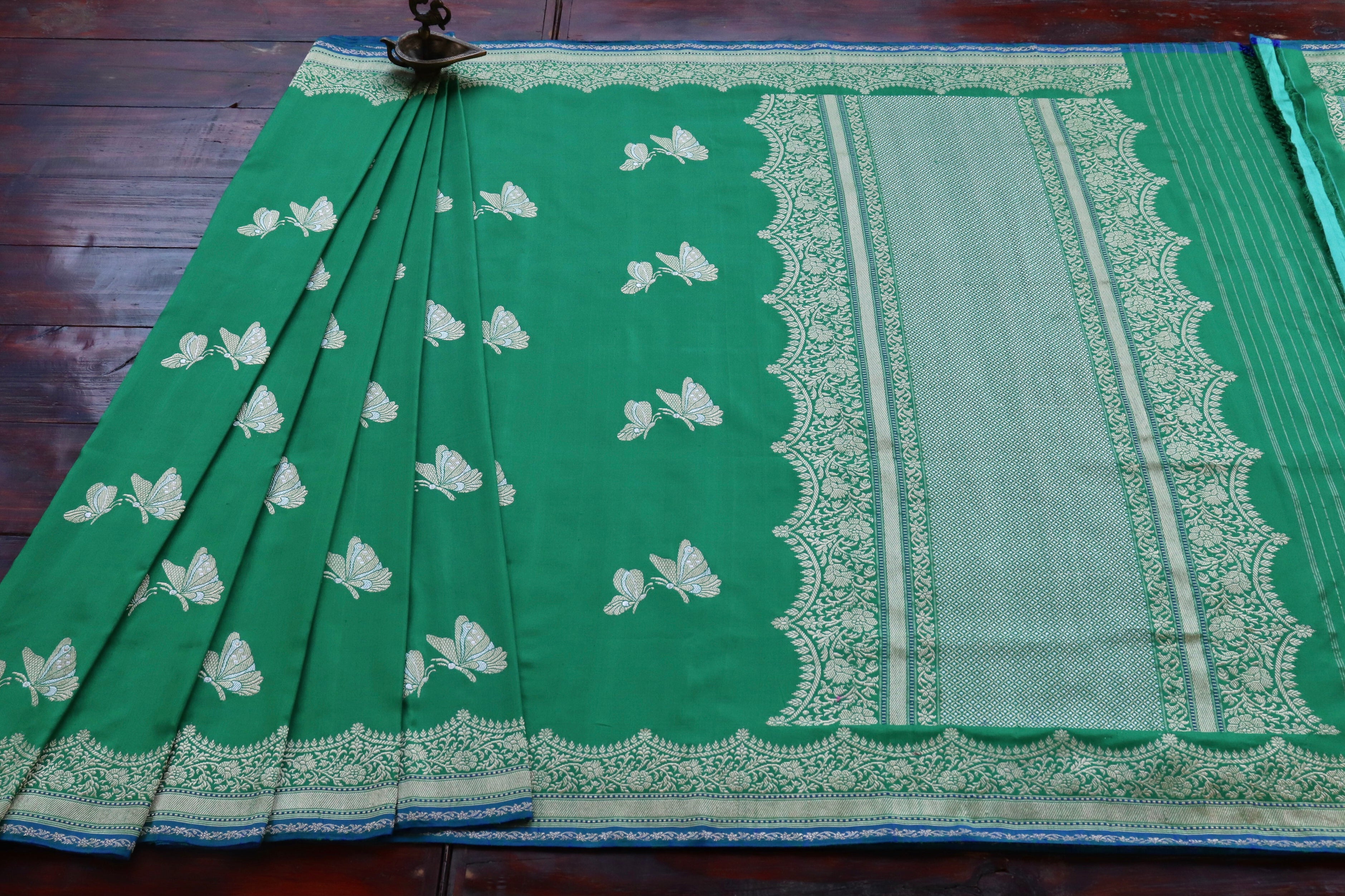 Deep Green Butterfly Motif Pure Silk Handloom Banarasi Saree