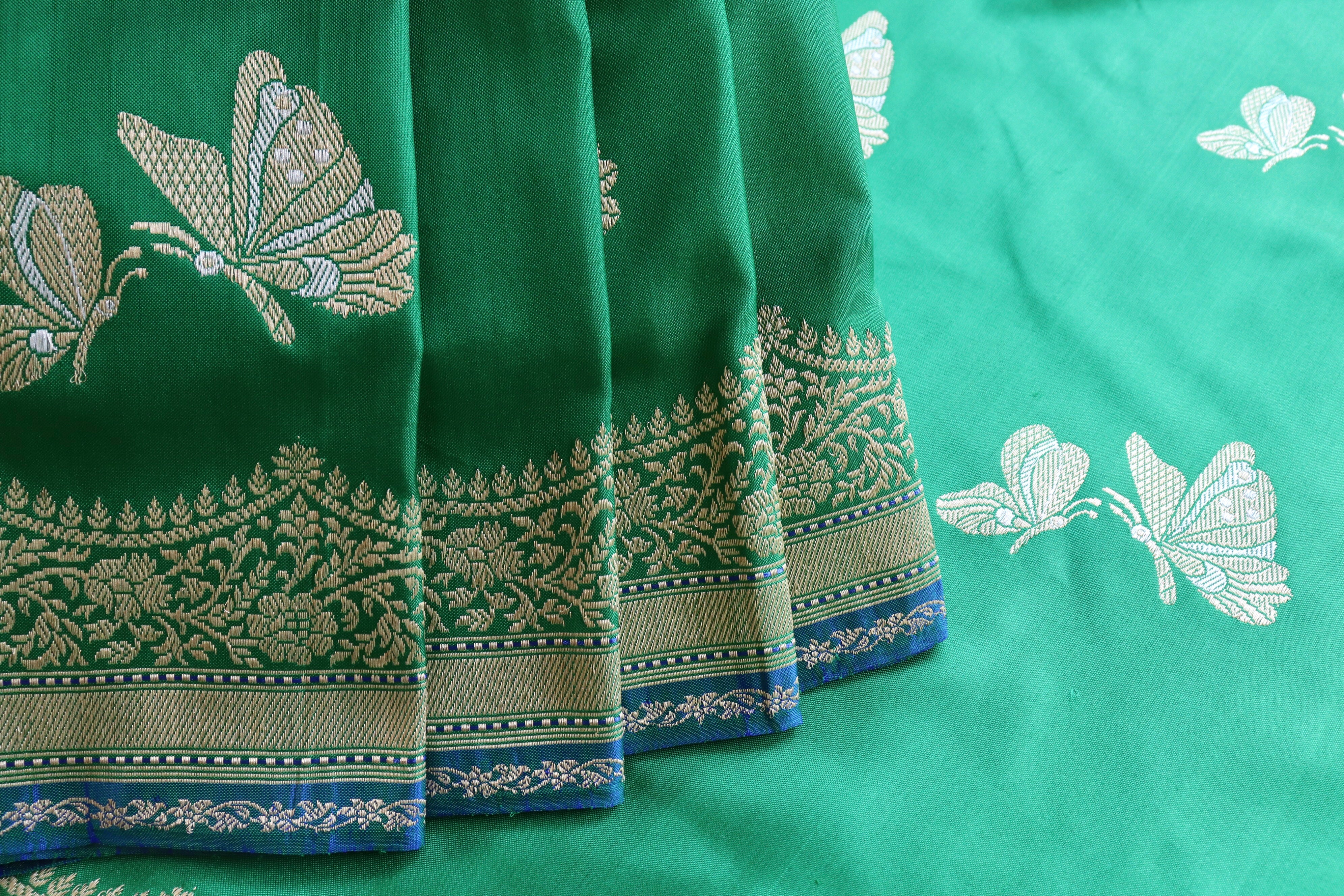Deep Green Butterfly Motif Pure Silk Handloom Banarasi Saree