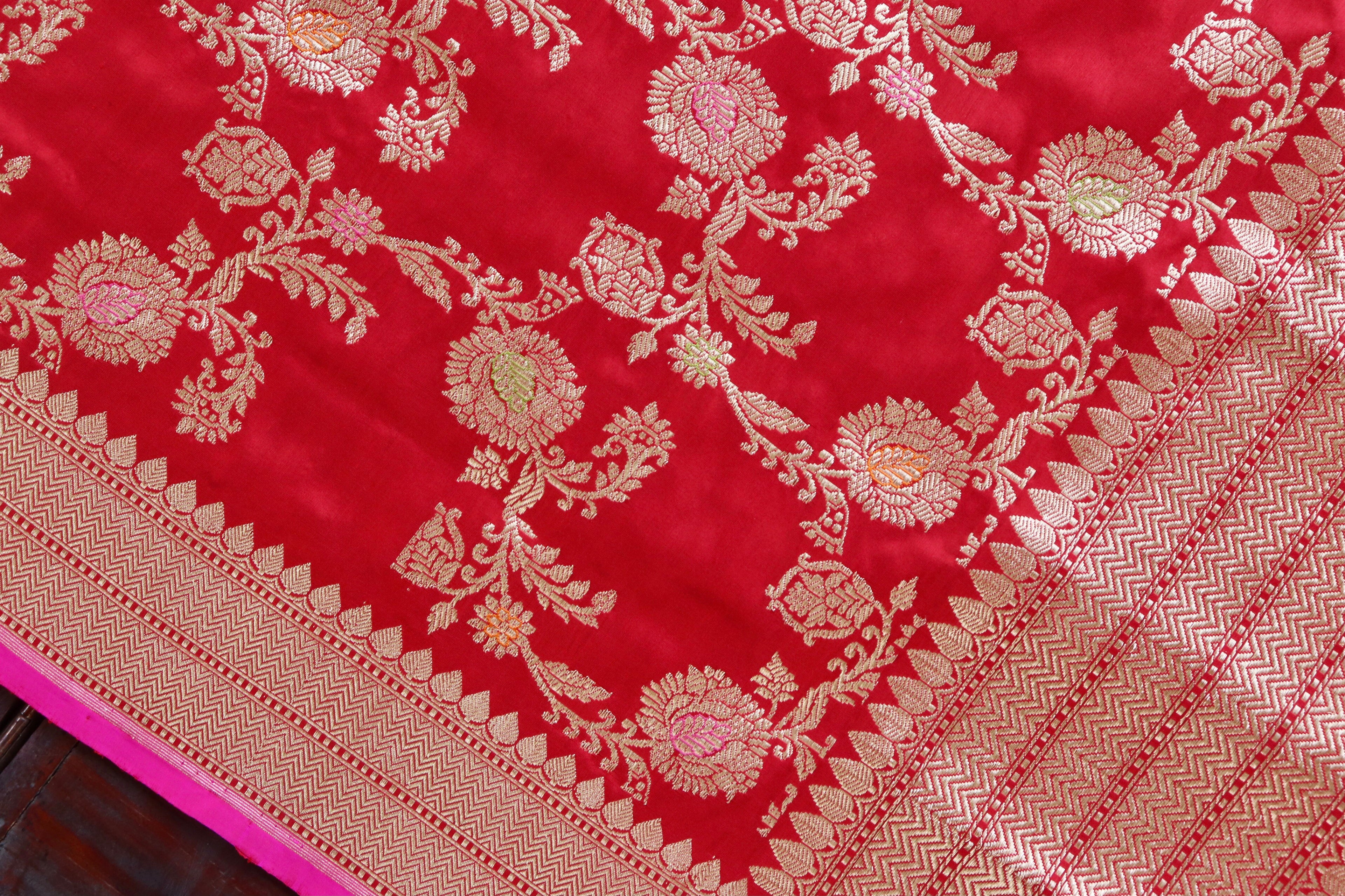 Red Meenadar Jangla Pure Silk Handloom Banarasi Dupatta