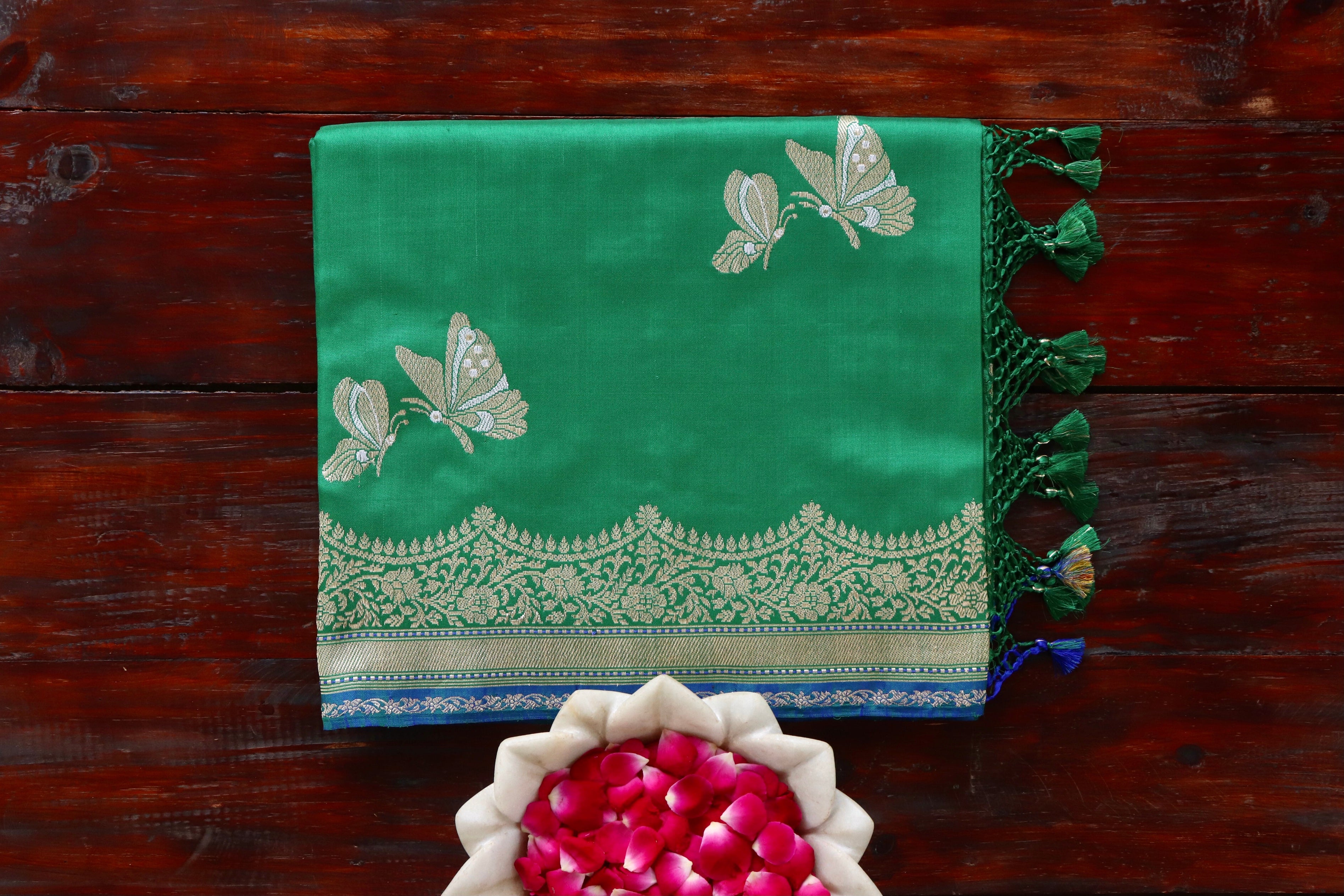 Deep Green Butterfly Motif Pure Silk Handloom Banarasi Saree