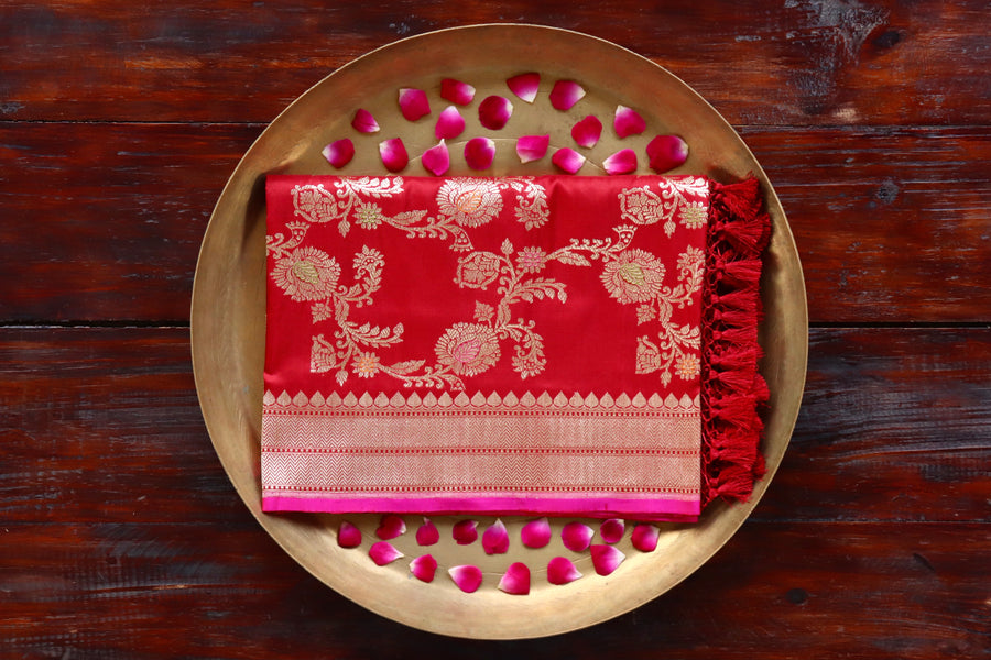 Red pure Katan silk Banarasi dupatta with scrolling vines and florals in continuous Jangla layout.