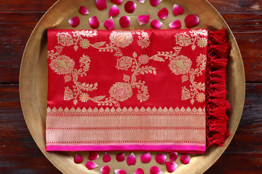 Red Meenadar Jangla Pure Silk Handloom Banarasi Dupatta