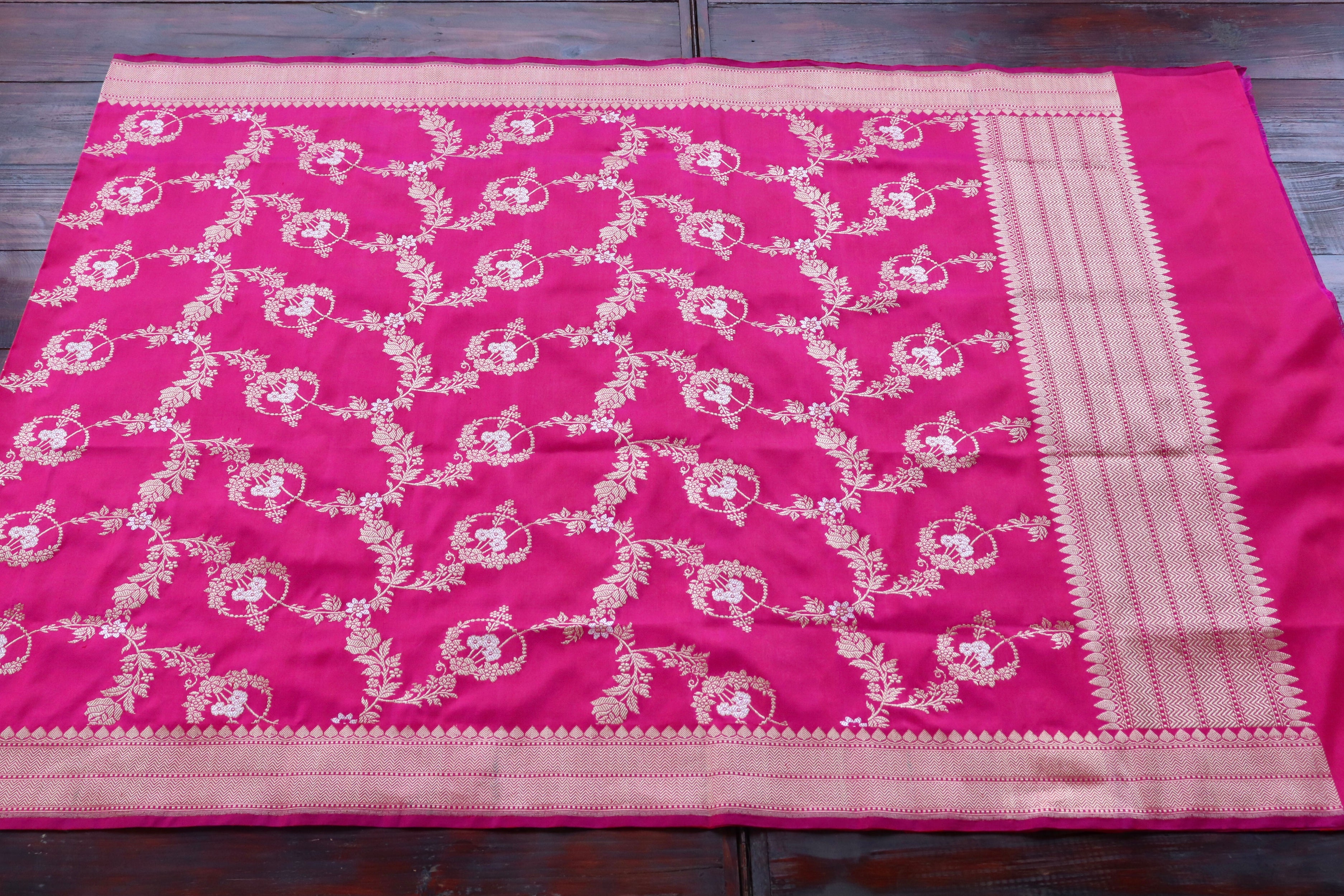 Bright Pink Jangla Pure Silk Handloom Banarasi Dupatta