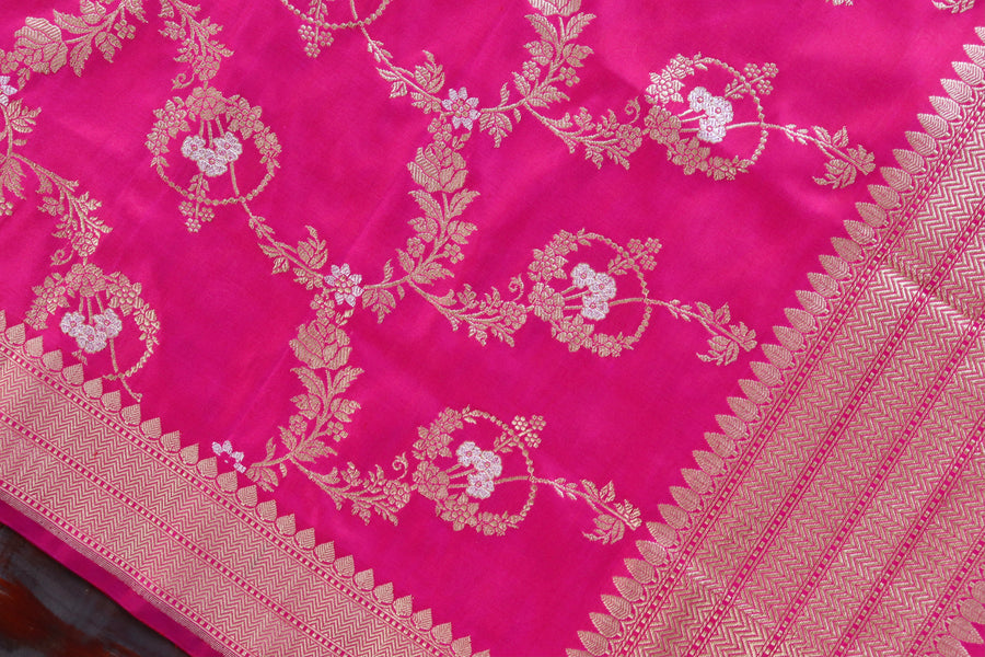 Bright Pink Jangla Pure Silk Handloom Banarasi Dupatta