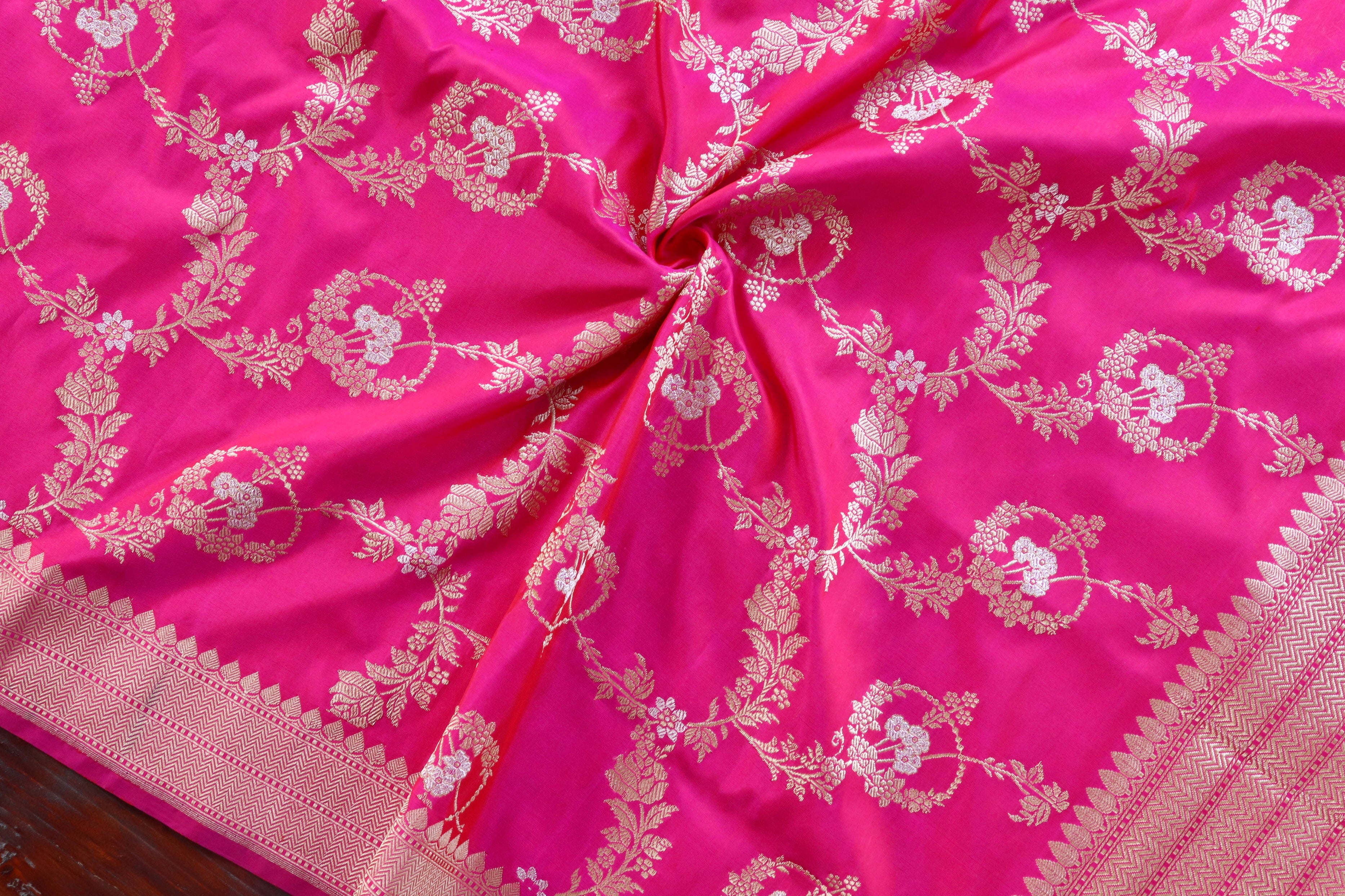 Bright Pink Jangla Pure Silk Handloom Banarasi Dupatta