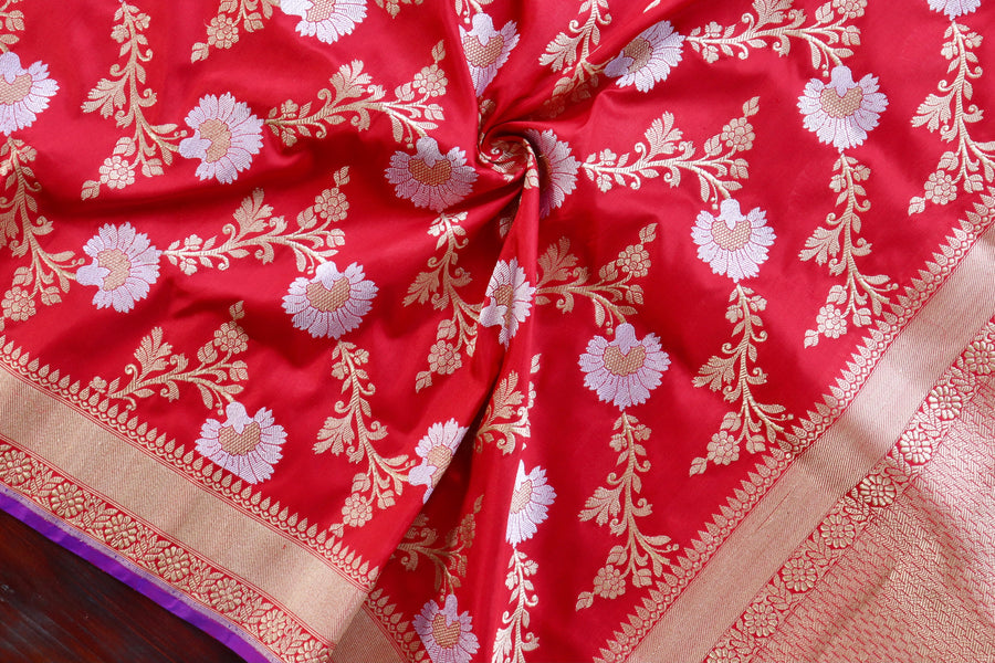 Red Jangla Pure Silk Handloom Banarasi Dupatta