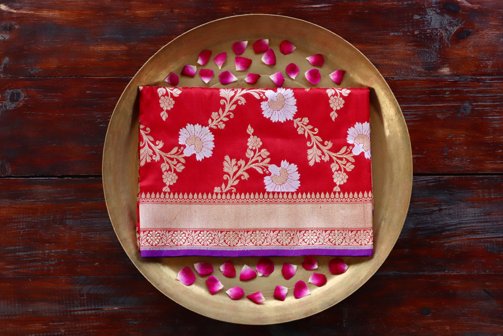 Red pure Katan silk Banarasi dupatta with scrolling vines and florals in continuous Jangla layout.