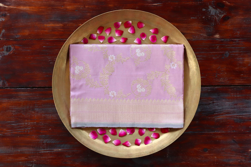 Light Pink pure Katan silk Banarasi dupatta with scrolling vines and florals in continuous Jangla layout.