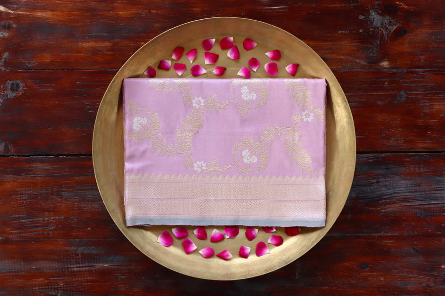 Light Pink pure Katan silk Banarasi dupatta with scrolling vines and florals in continuous Jangla layout.