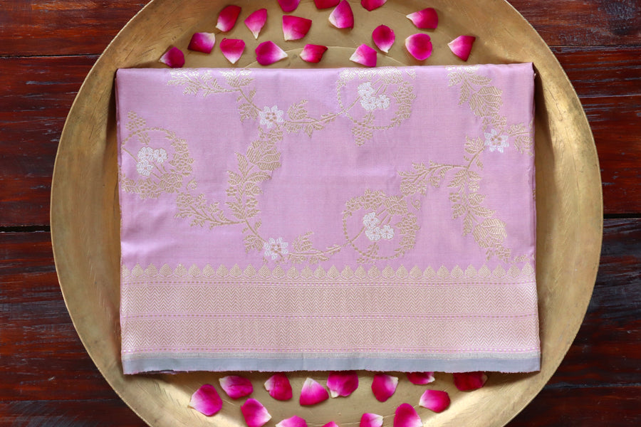 Light Pink Jangla Pure Silk Handloom Banarasi Dupatta