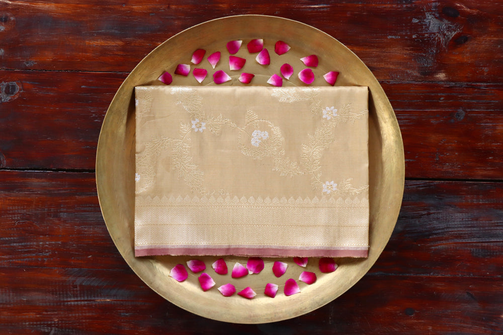 Beige pure Katan silk Banarasi dupatta with scrolling vines and florals in continuous Jangla layout.
