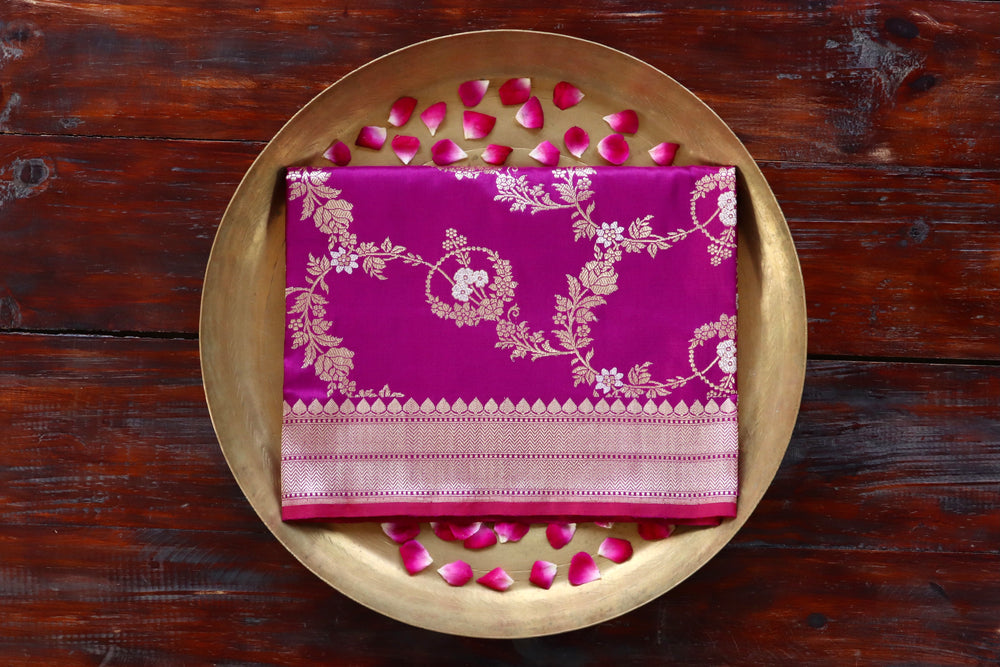 Dark Magenta pure Katan silk Banarasi dupatta with scrolling vines and florals in continuous Jangla layout.
