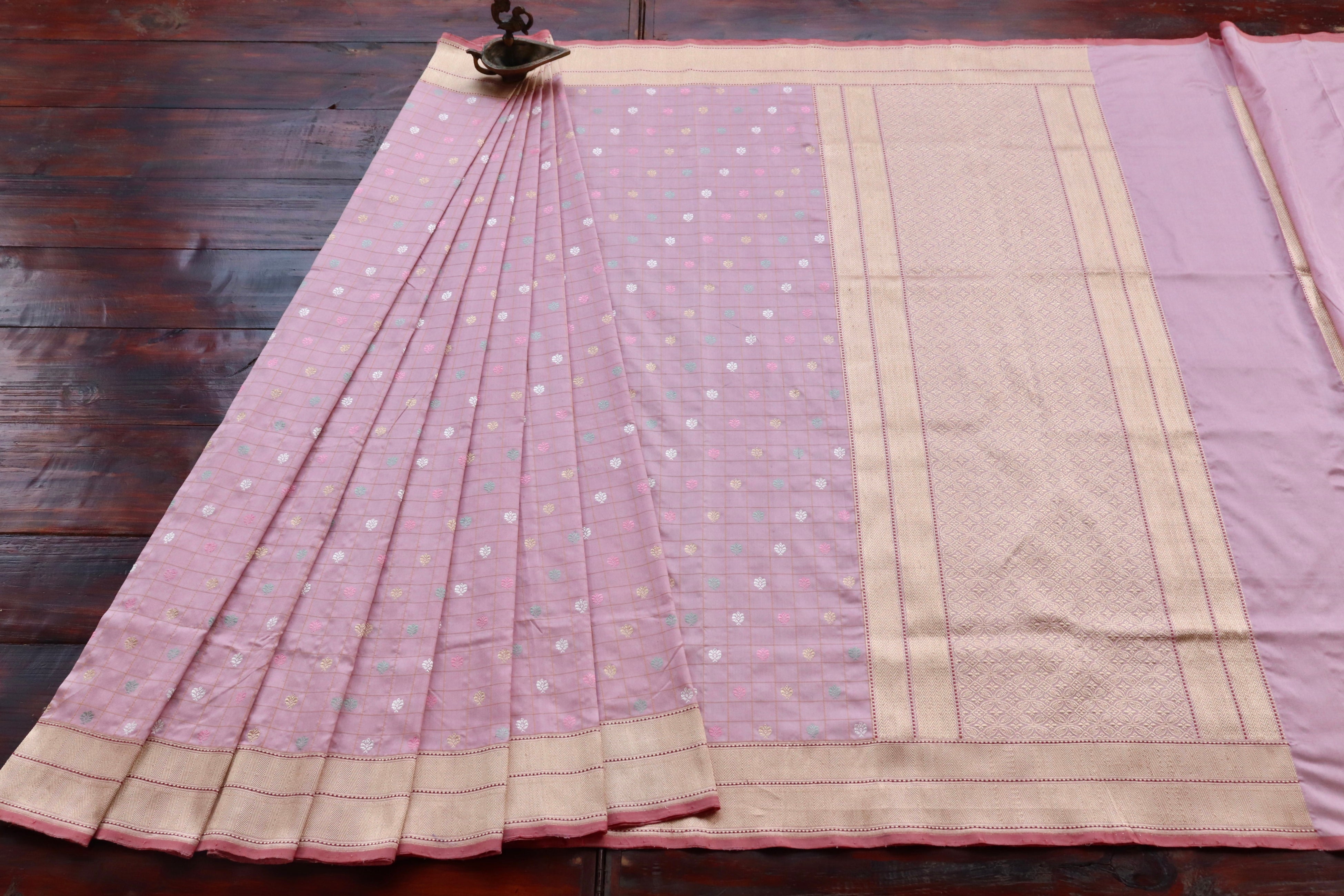 Rose Pink Check Pure Silk Handloom Banarasi Saree