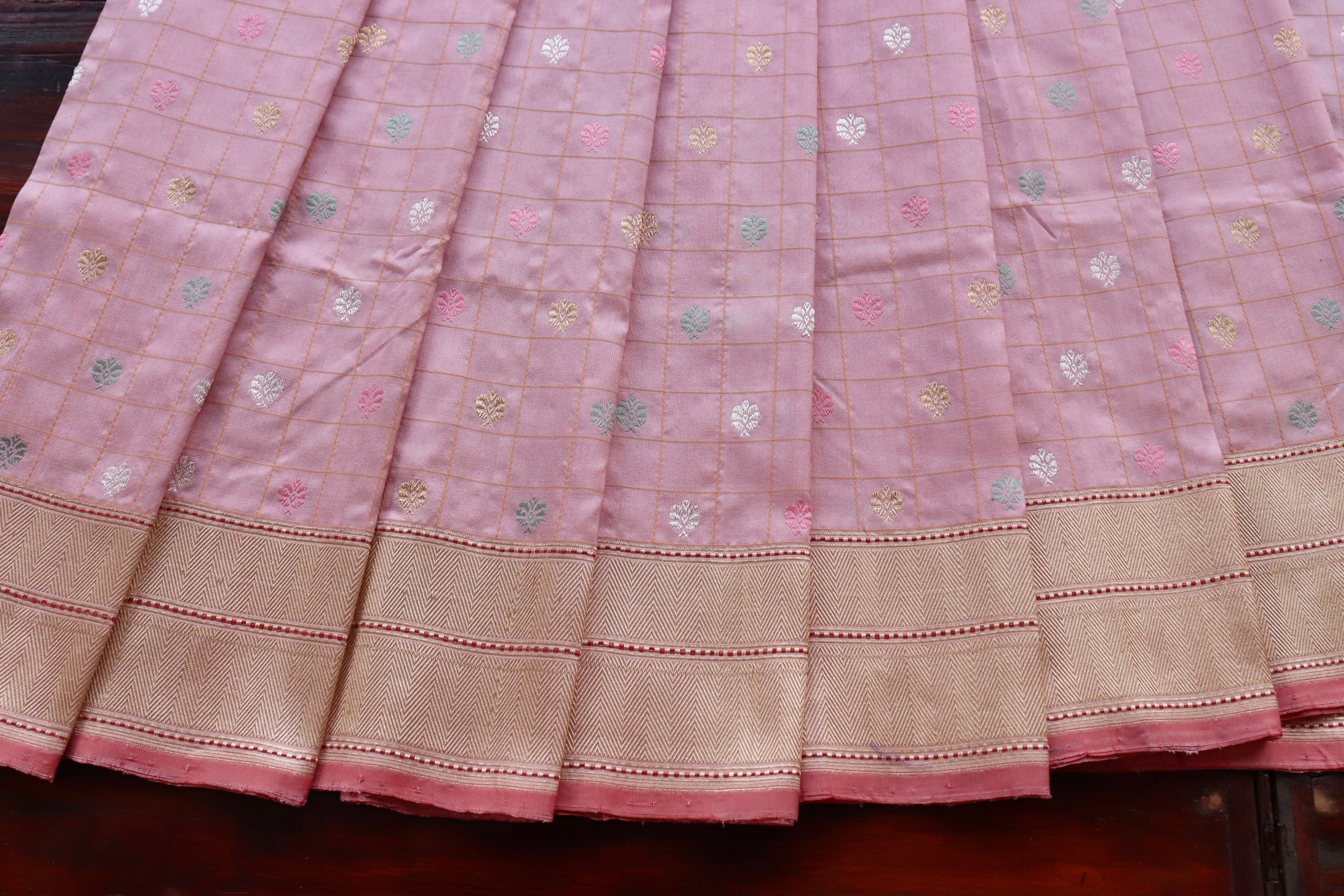 Rose Pink Check Pure Silk Handloom Banarasi Saree