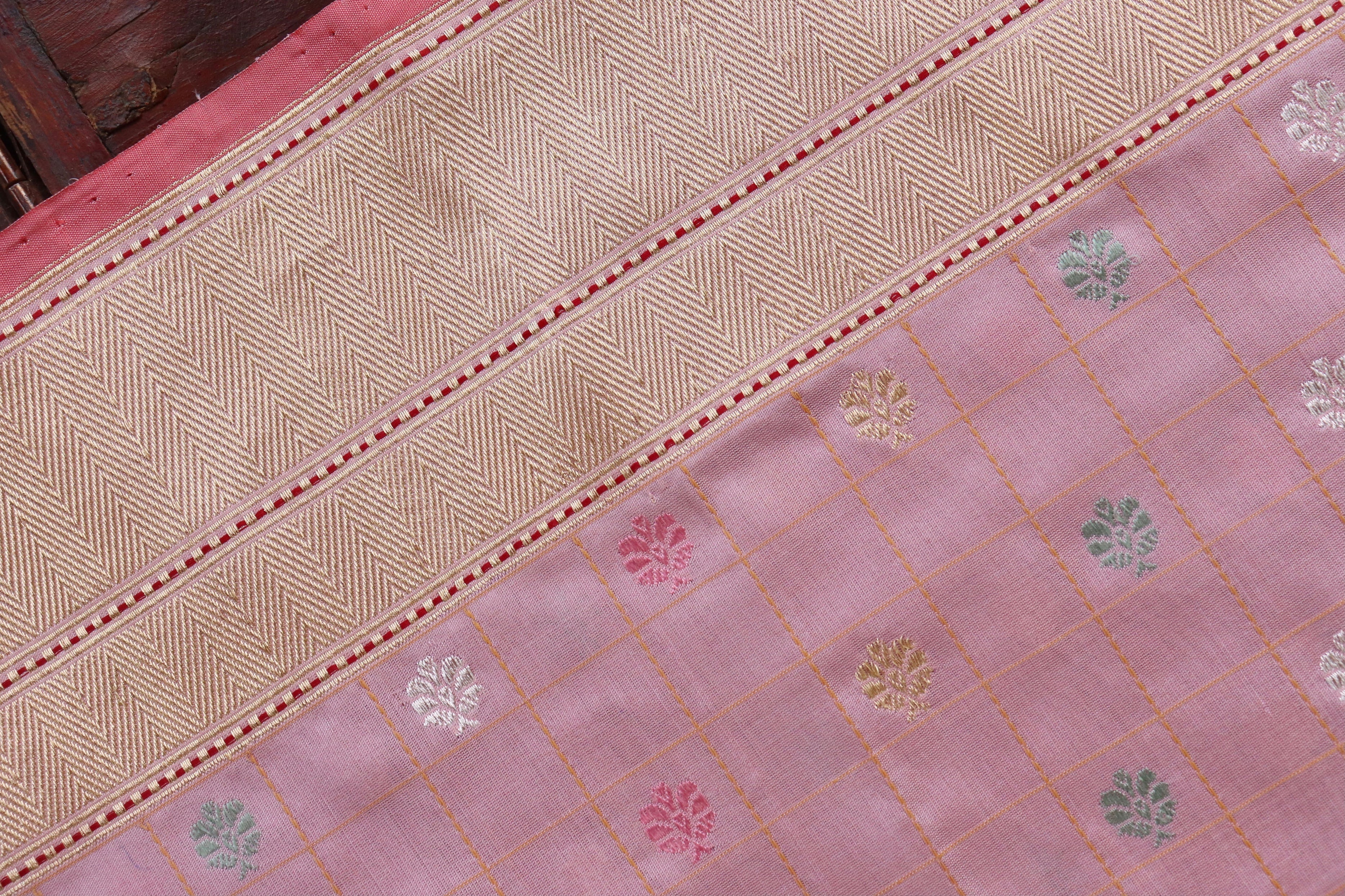 Rose Pink Check Pure Silk Handloom Banarasi Saree