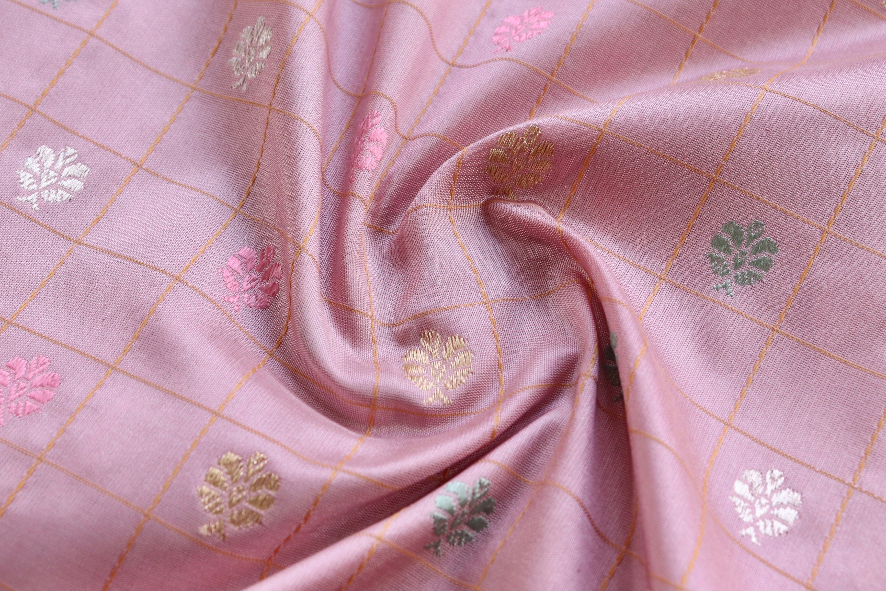 Rose Pink Check Pure Silk Handloom Banarasi Saree