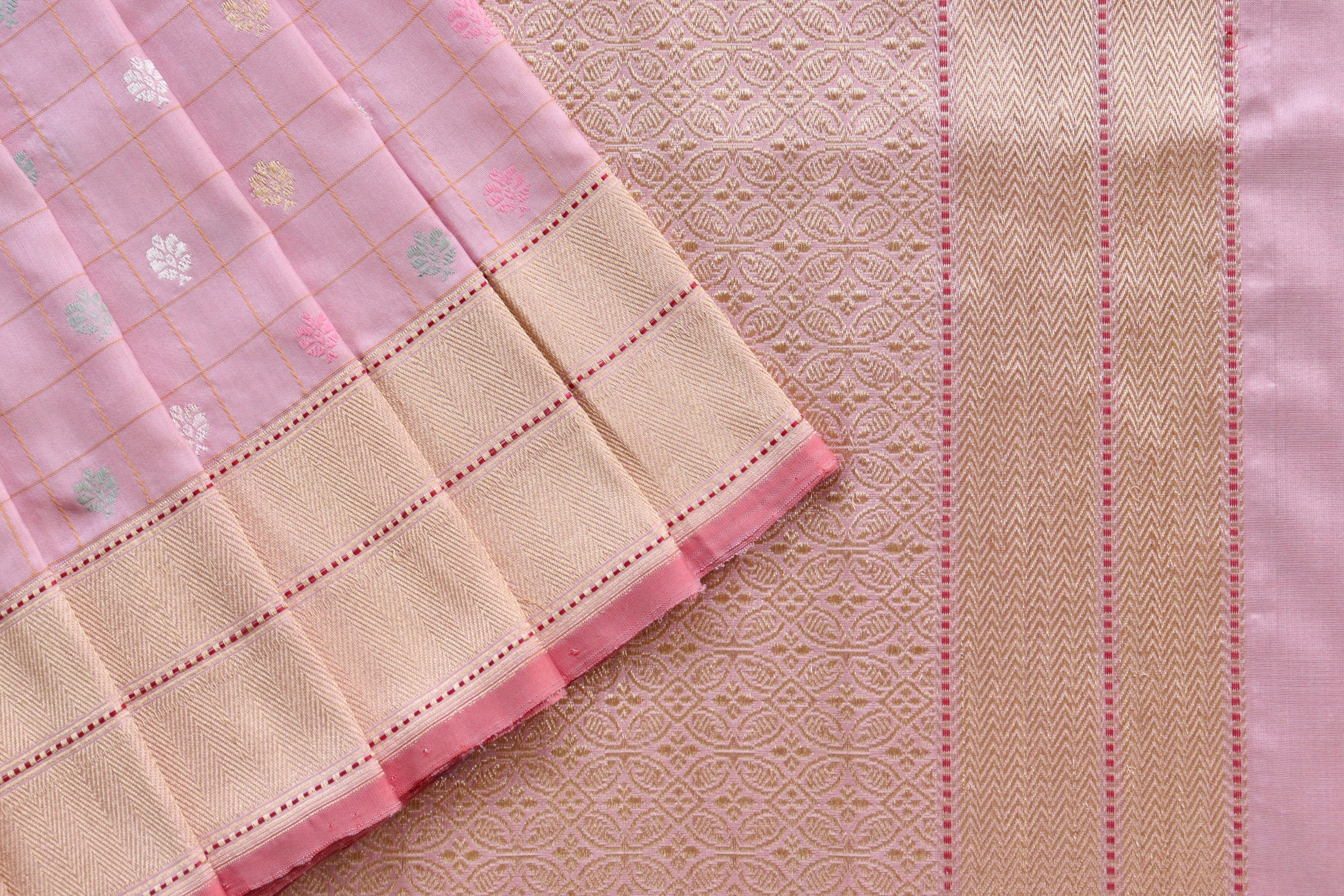 Rose Pink Check Pure Silk Handloom Banarasi Saree