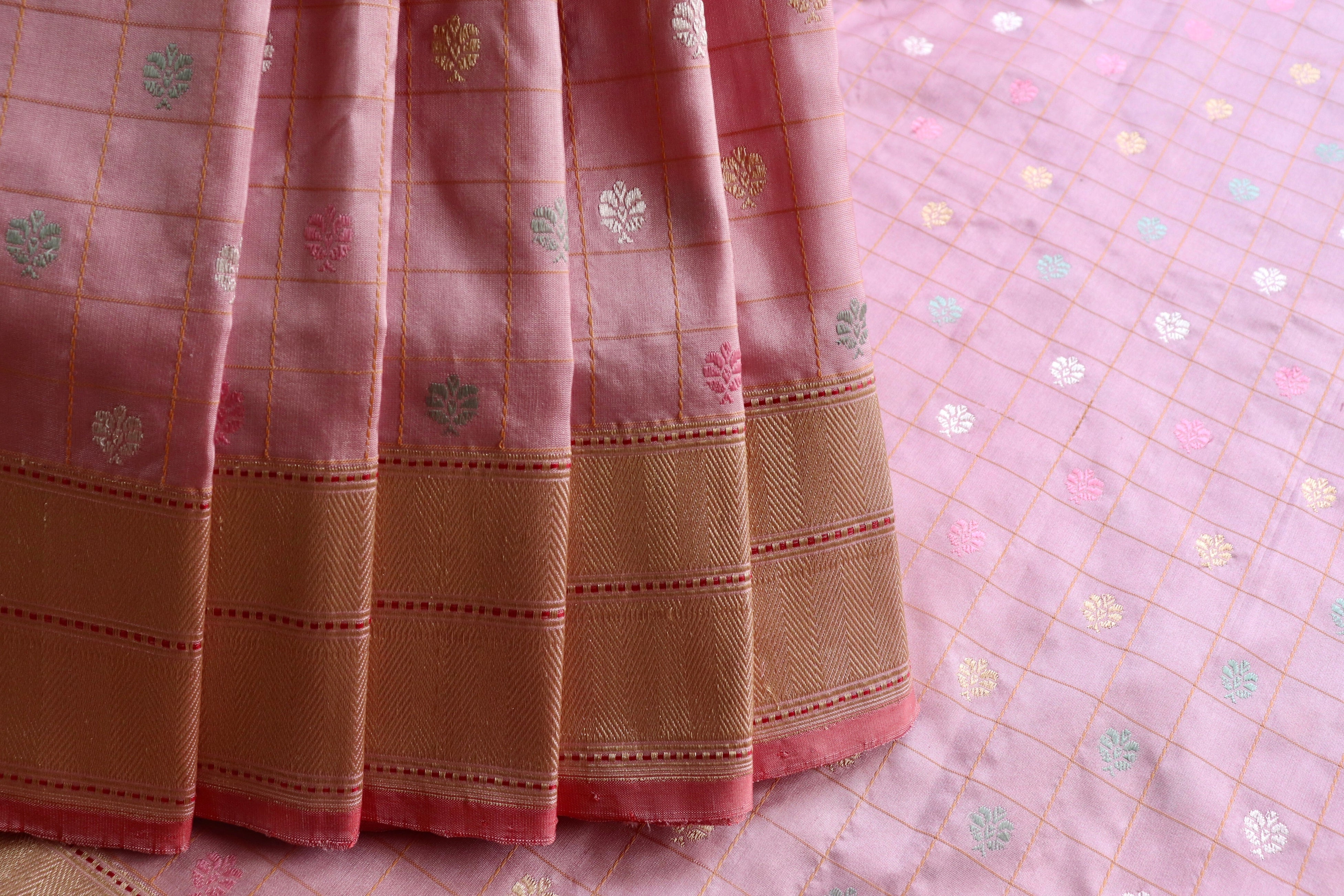 Rose Pink Check Pure Silk Handloom Banarasi Saree