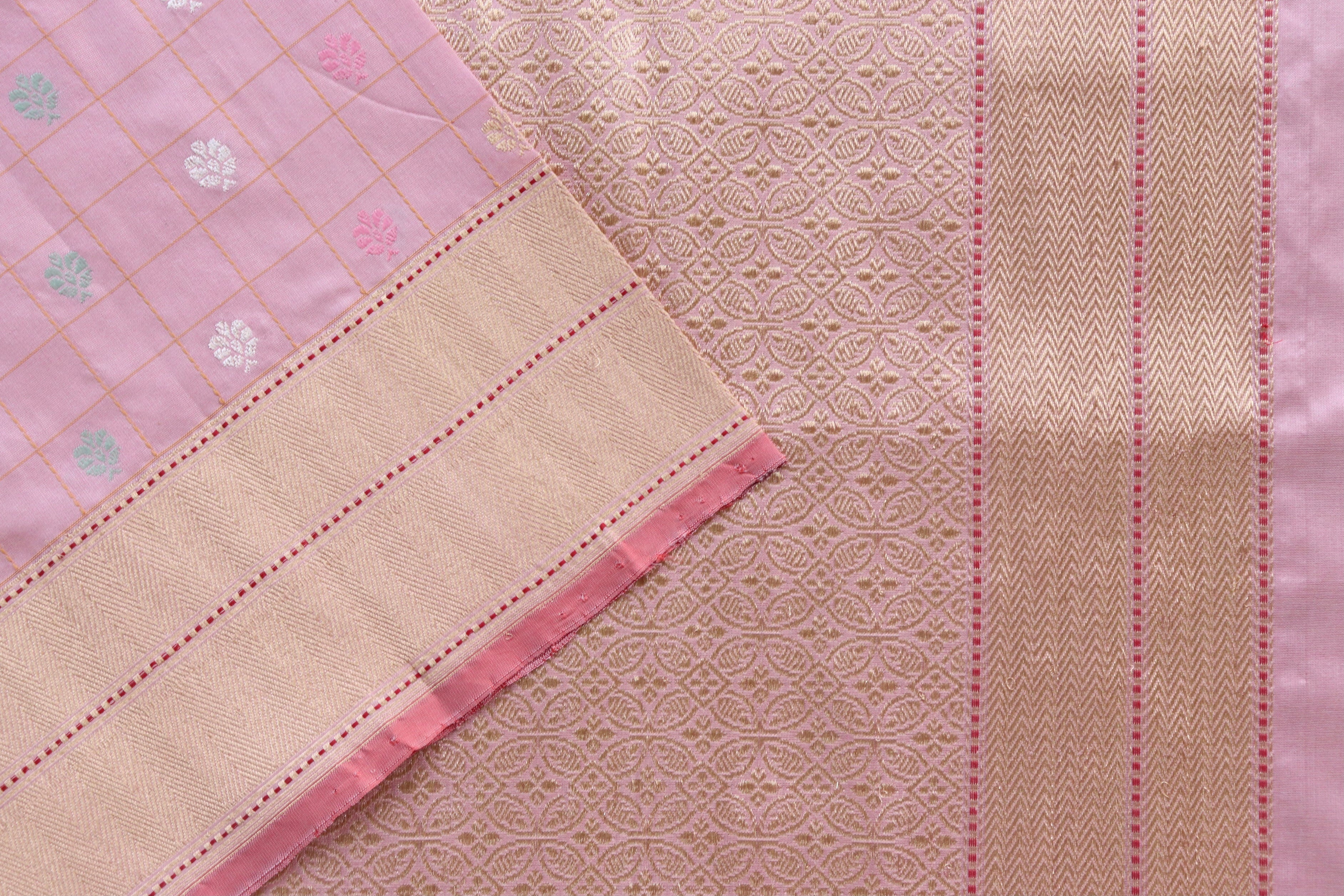 Rose Pink Check Pure Silk Handloom Banarasi Saree