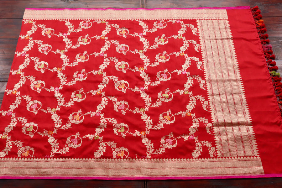 Red Jangla Pure Silk Banarasi Dupatta | Stuti Weaves