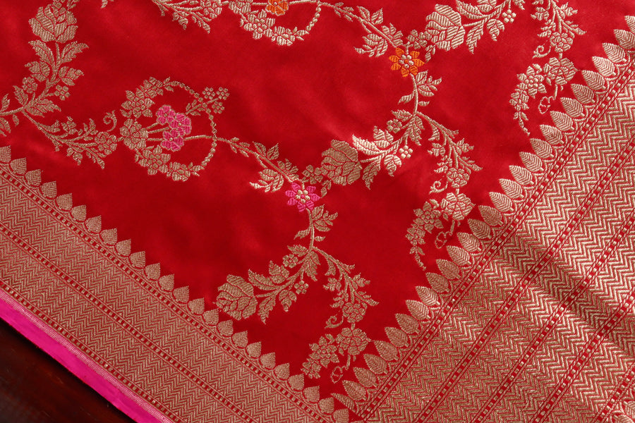 Red Jangla Pure Silk Banarasi Dupatta | Stuti Weaves