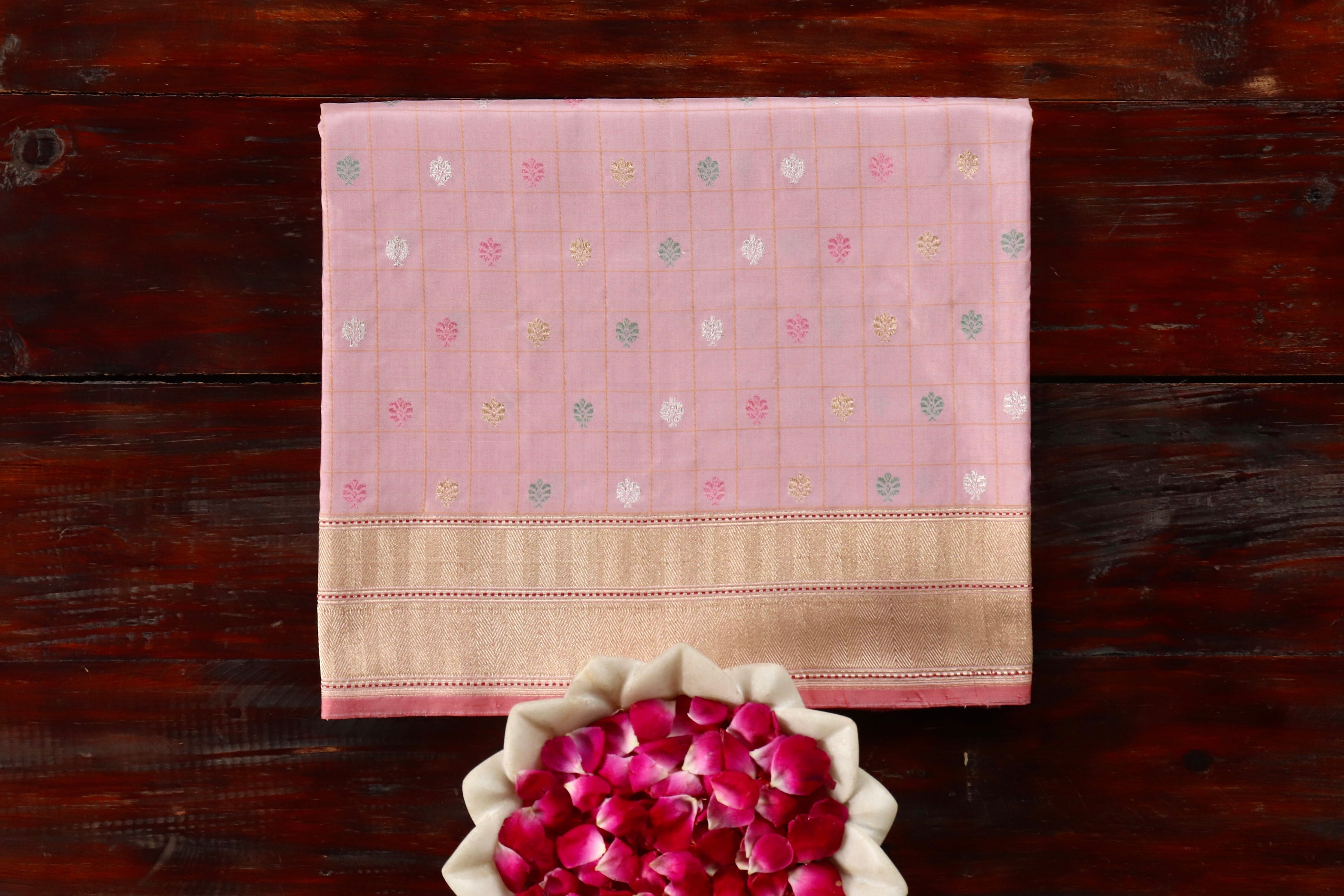 Rose Pink Check Pure Silk Handloom Banarasi Saree