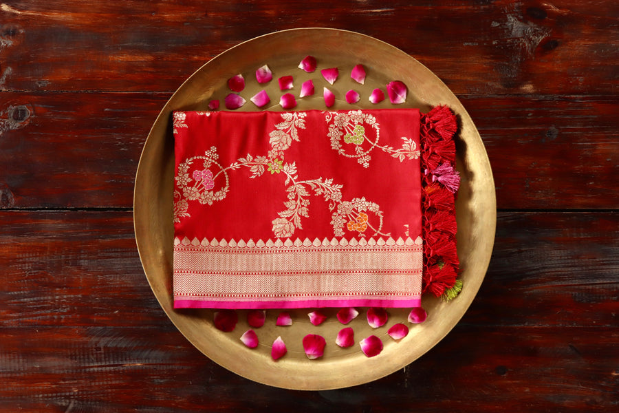 Red Jangla Pure Silk Banarasi Dupatta | Stuti Weaves
