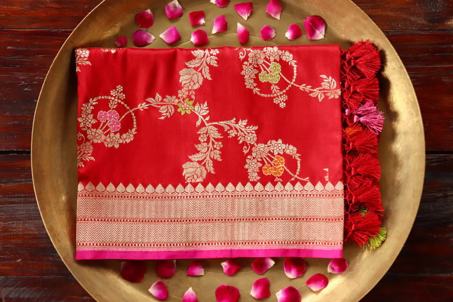 Red Jangla Pure Silk Banarasi Dupatta | Stuti Weaves