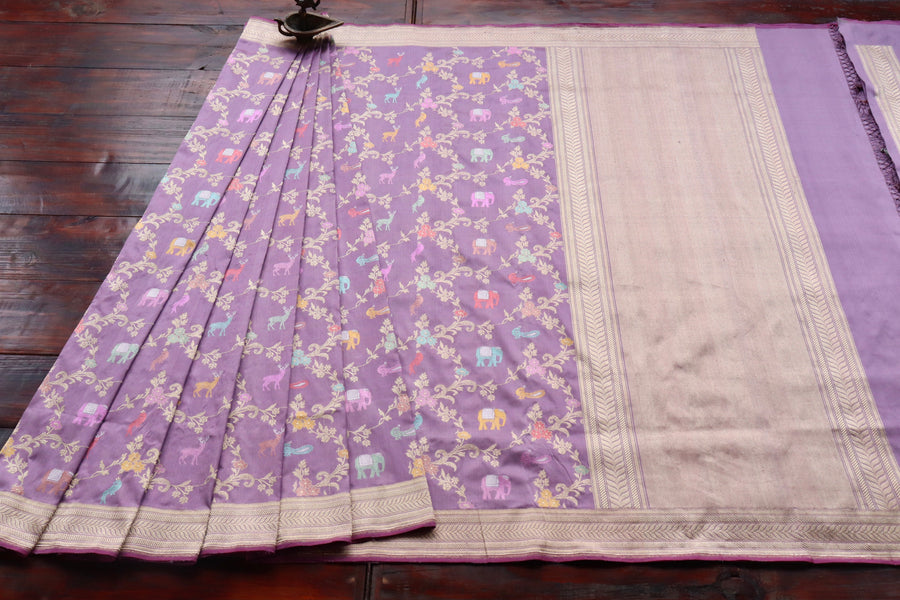 Deep Lilac Kadhua Shikargah Pure Silk Banarasi Saree | Stuti Weaves