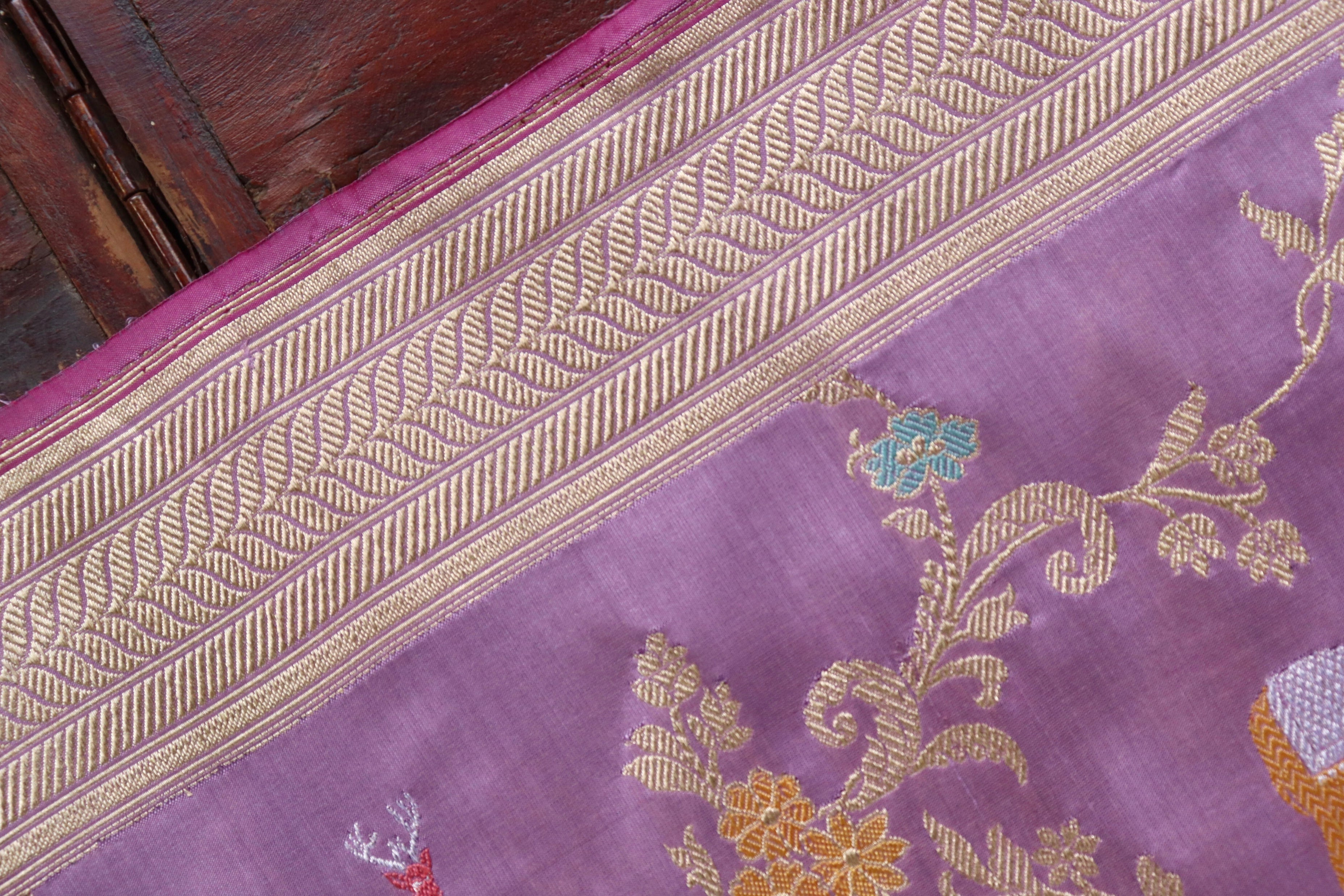 Deep Lilac Kadhua Shikargah Pure Silk Handloom Banarasi Saree