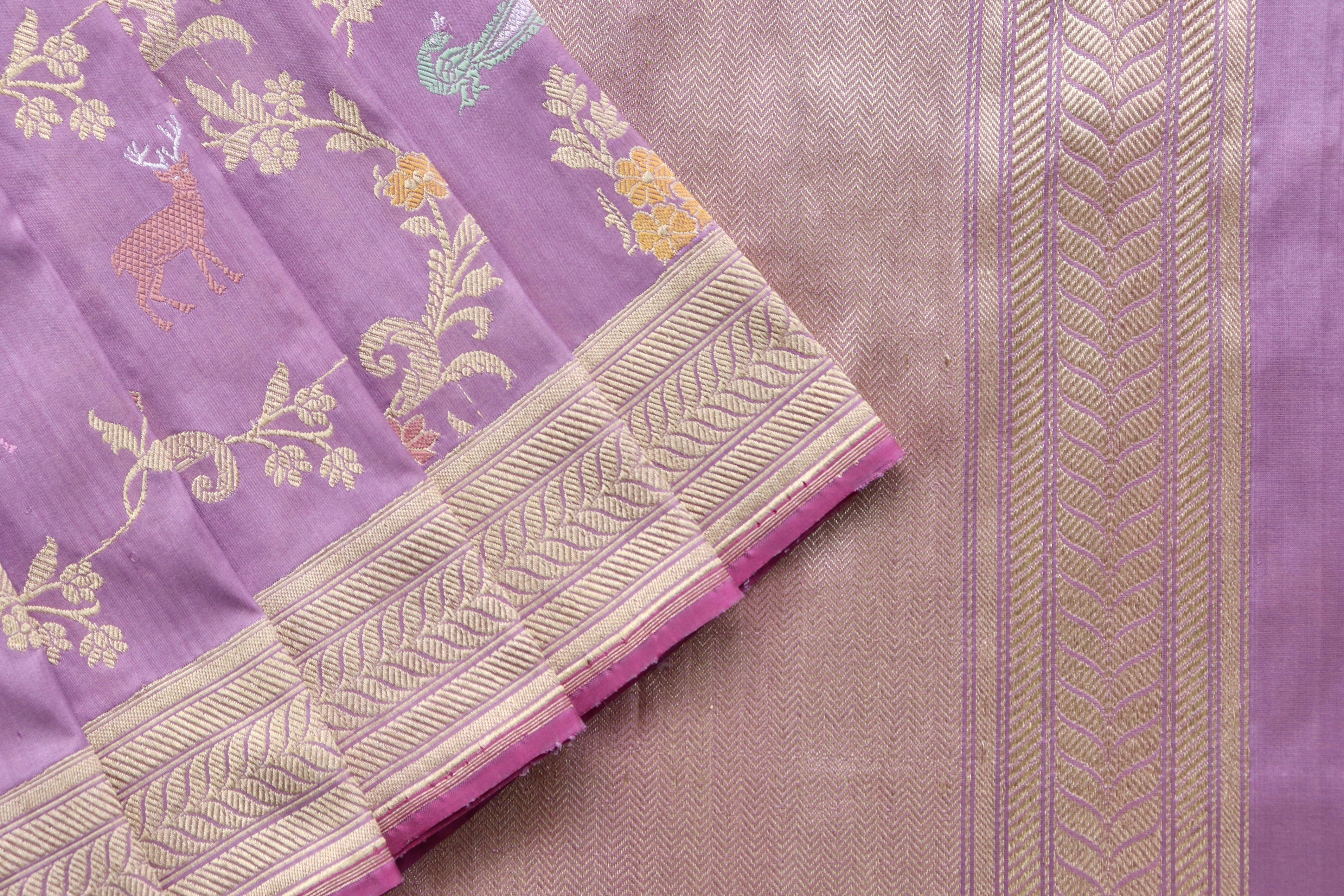 Deep Lilac Kadhua Shikargah Pure Silk Handloom Banarasi Saree